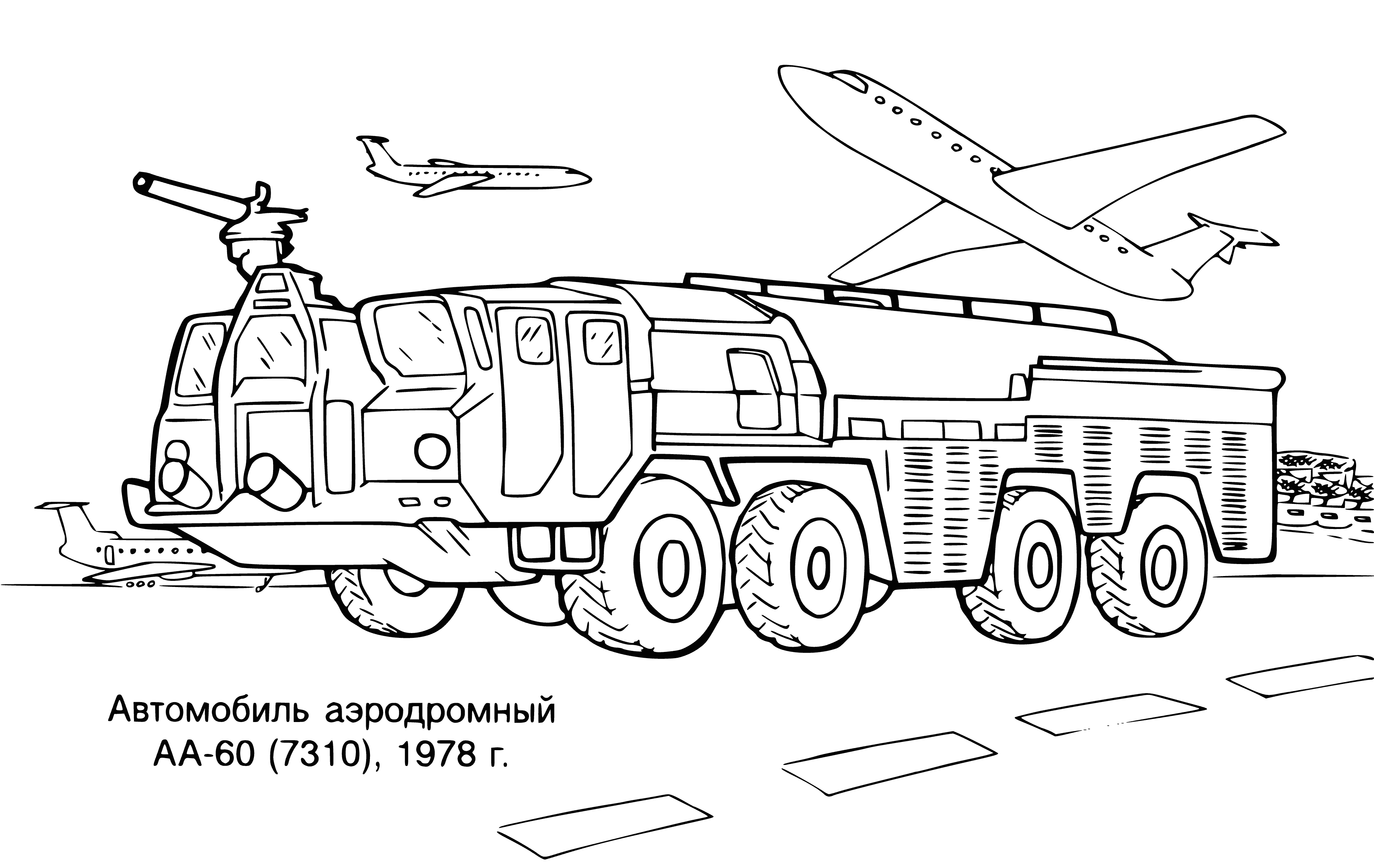 coloring page: Firefighters use big truck with tank & hose to put out fires at airfields.
