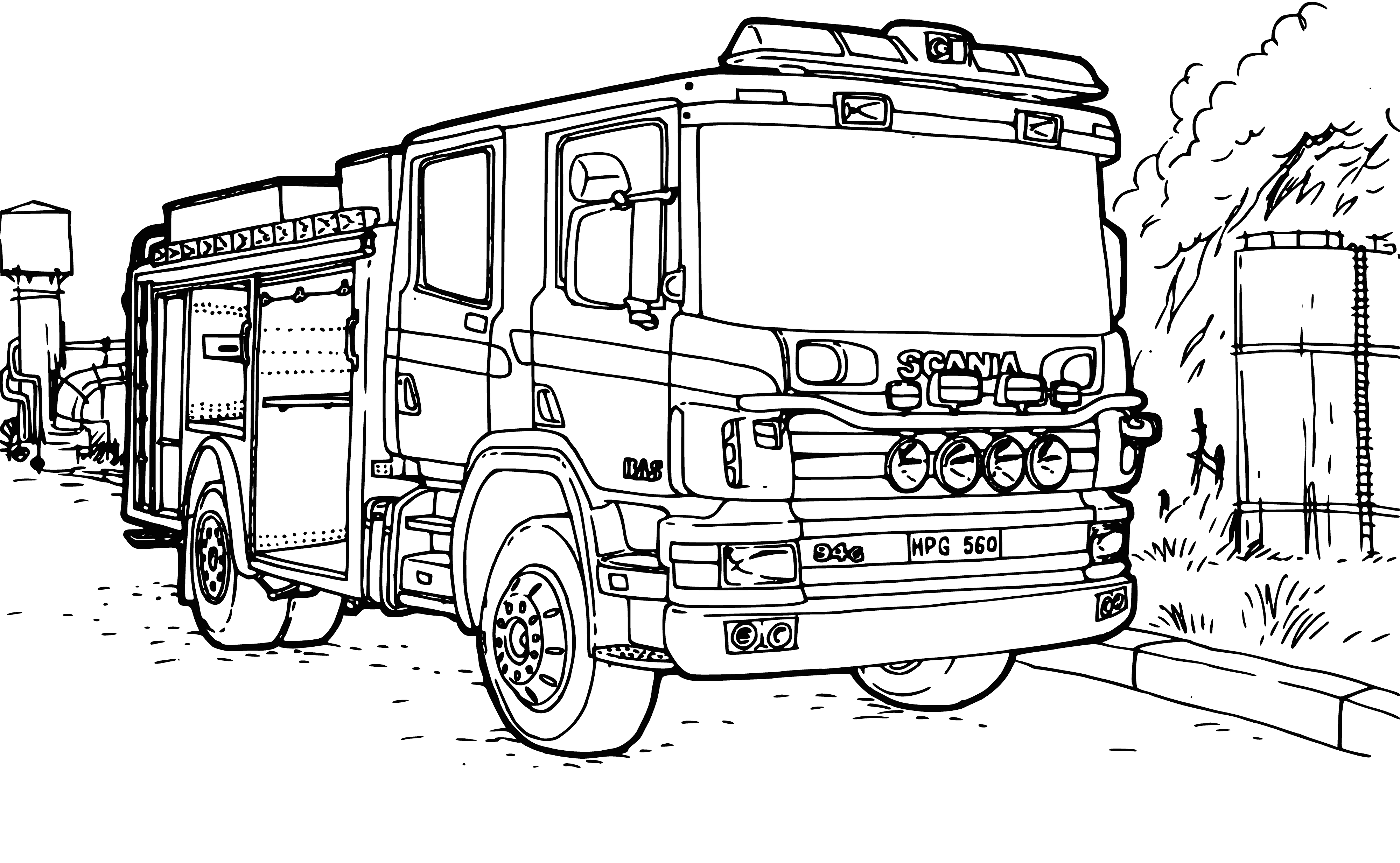 coloring page: Fire truck w/ladder at building labeled "Firefighters and Police". #firstresponders
