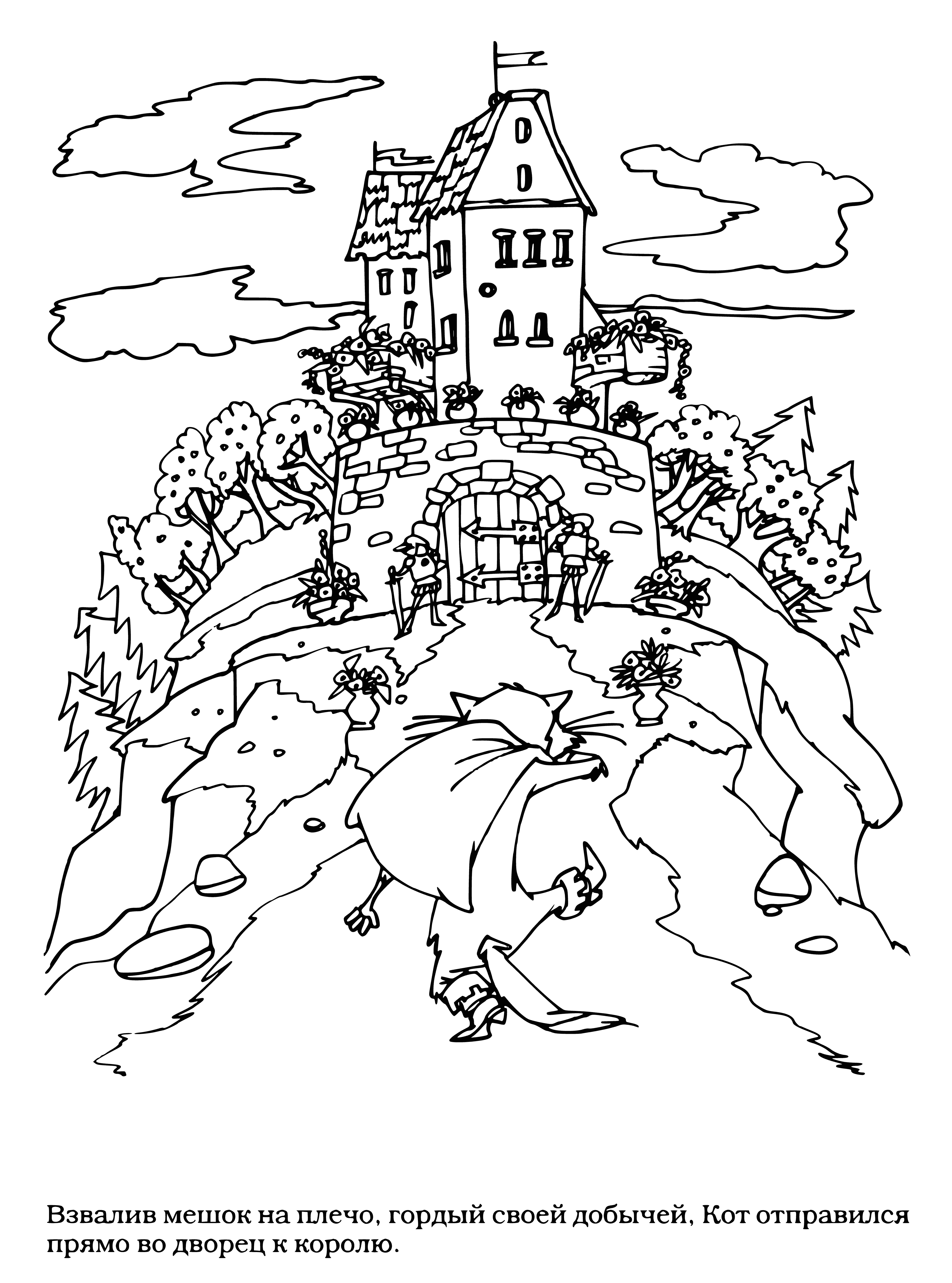 coloring page: A curious black cat explores a grand palace, taking in its luxurious surroundings.
