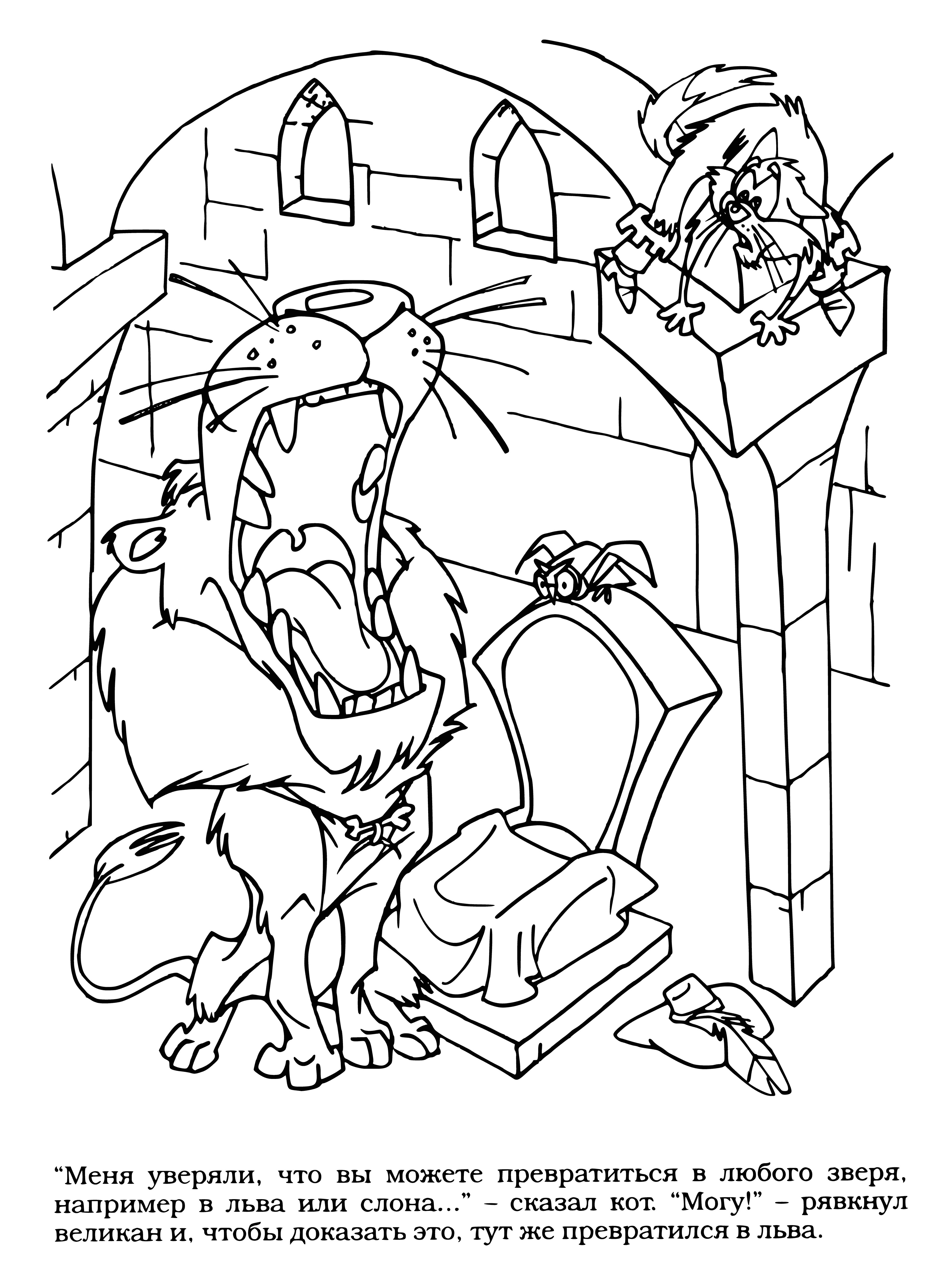 coloring page: Cannibal turned lion roars, golden fur, green eyes - he stands on hind legs in the coloring page.