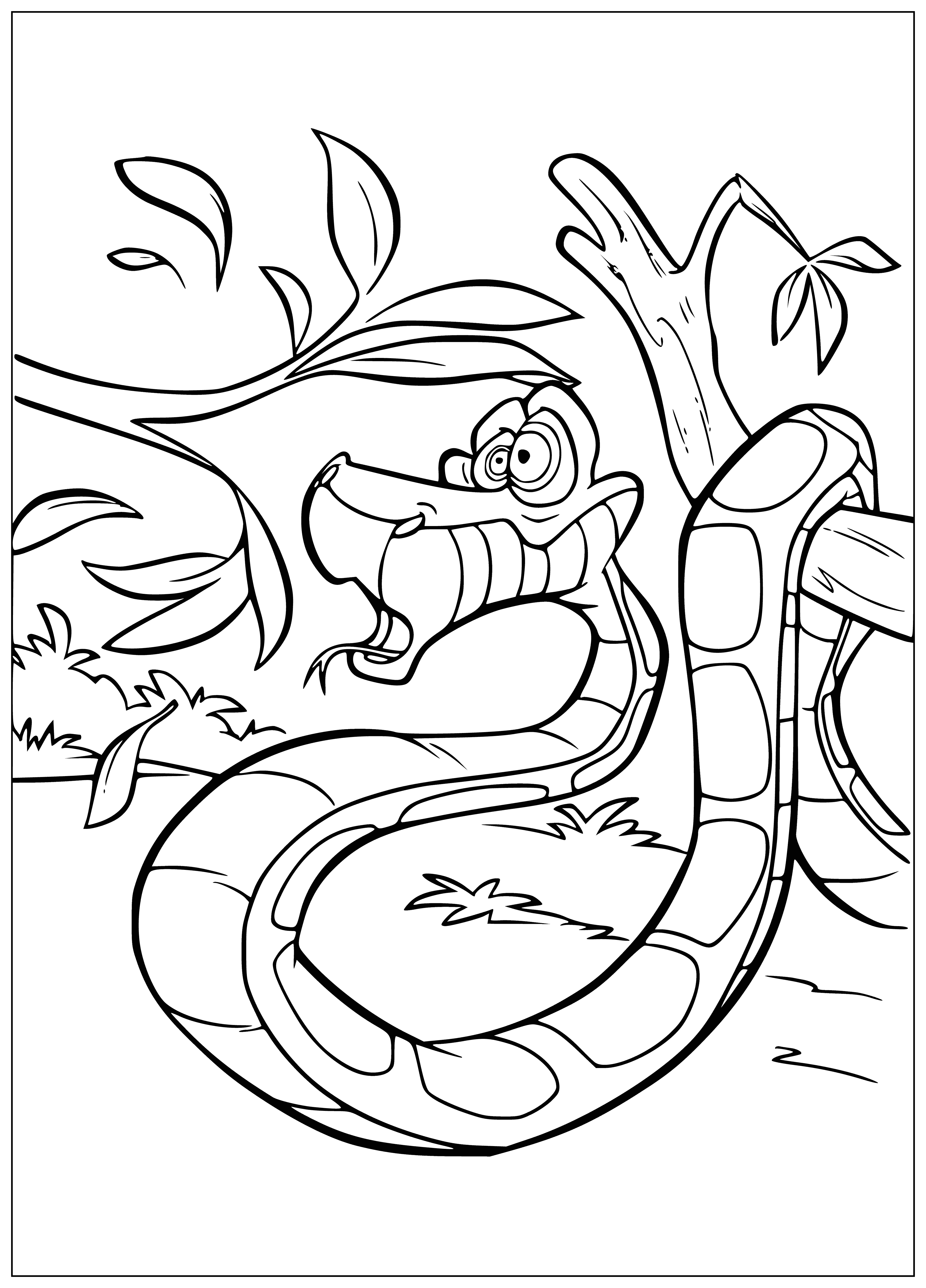coloring page: Snake curled around tree in jungle: dark & light brown bands; head and tongue raised up.