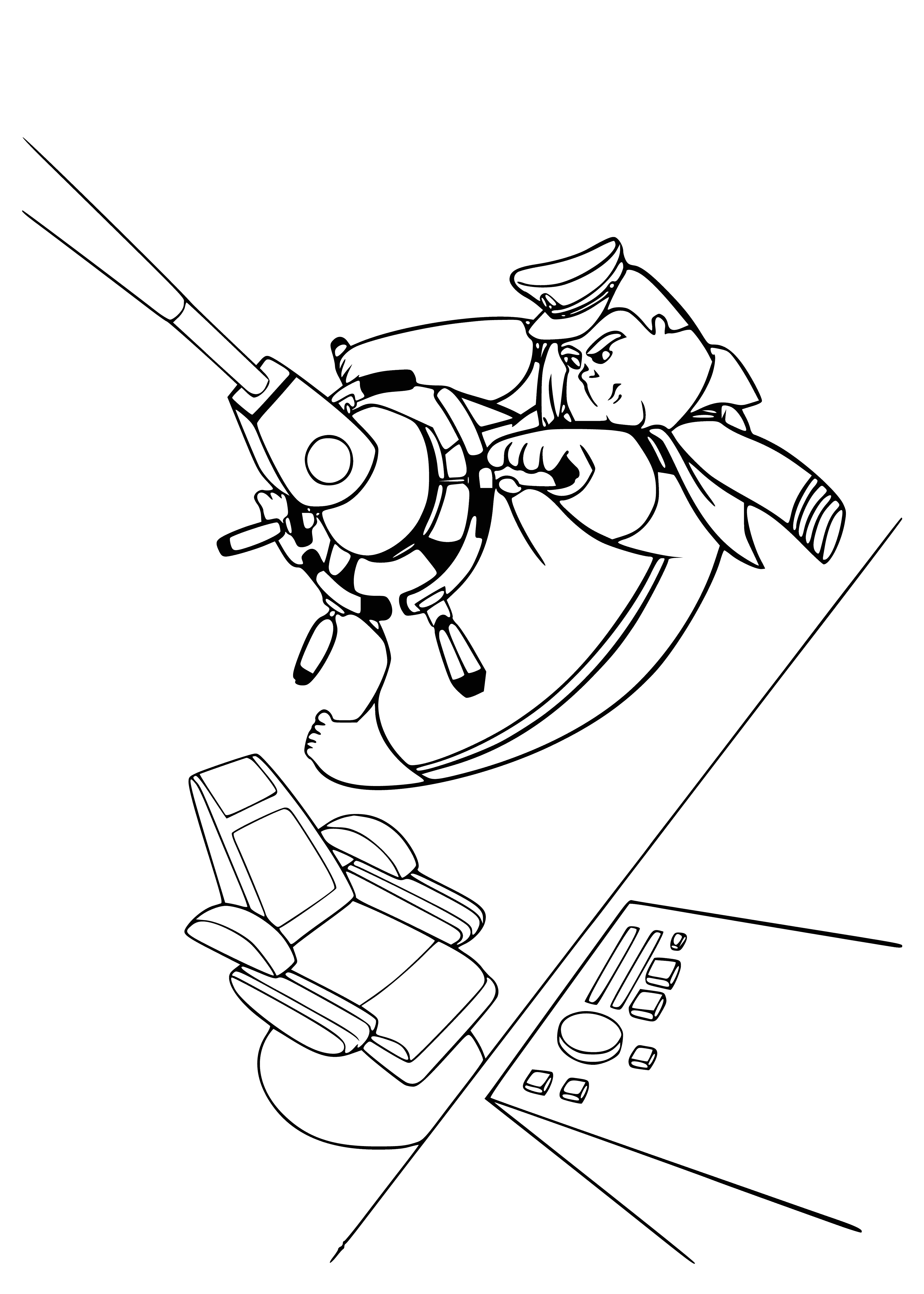 coloring page: Man in red suit fights robot with large circular head & two long arms. He punches, robot fights back with arms.