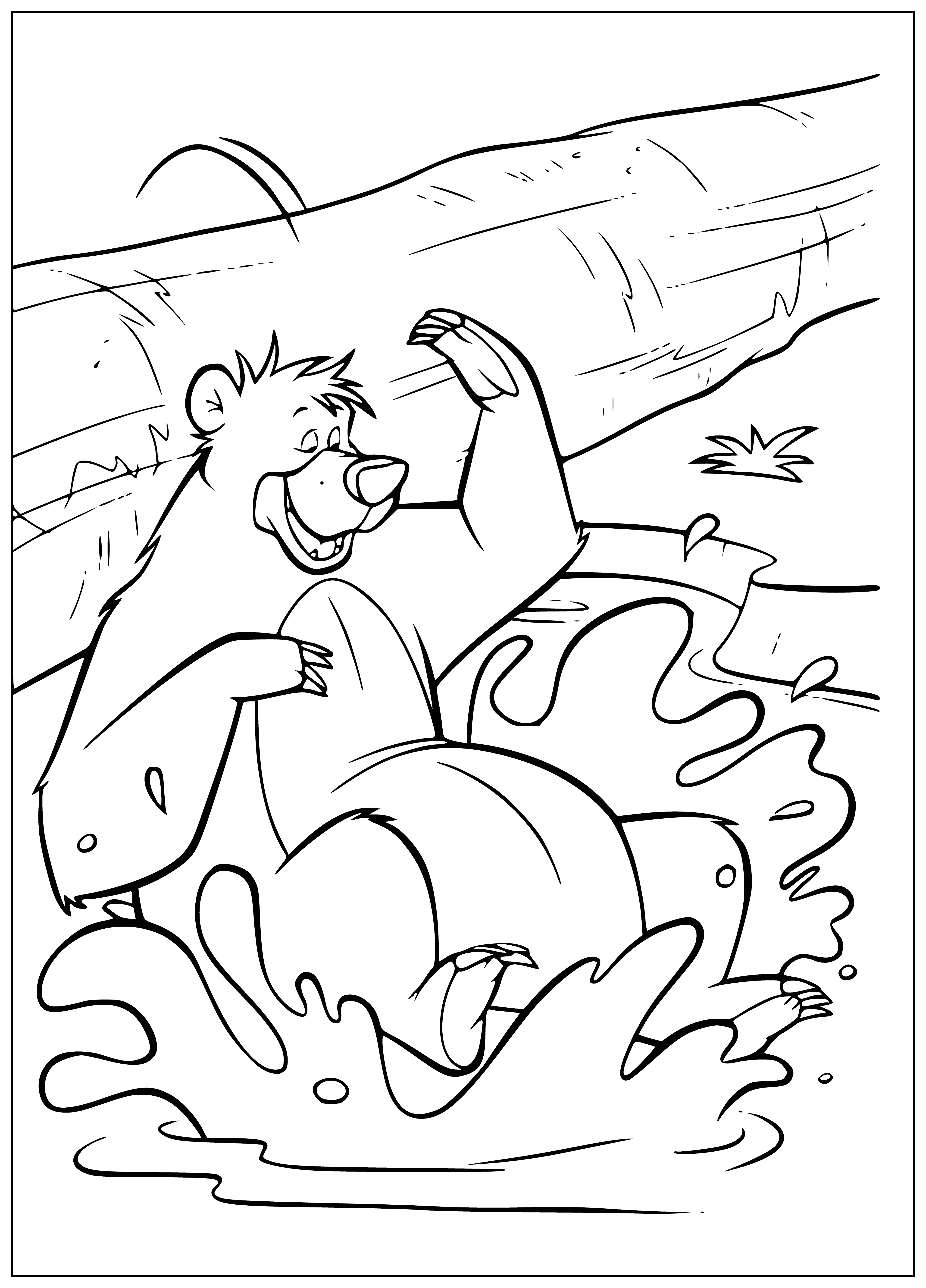 coloring page: Peaceful Baloo Bear is lounging in a green meadow, with a large head, thick fur, and round belly. Content at peace with himself.