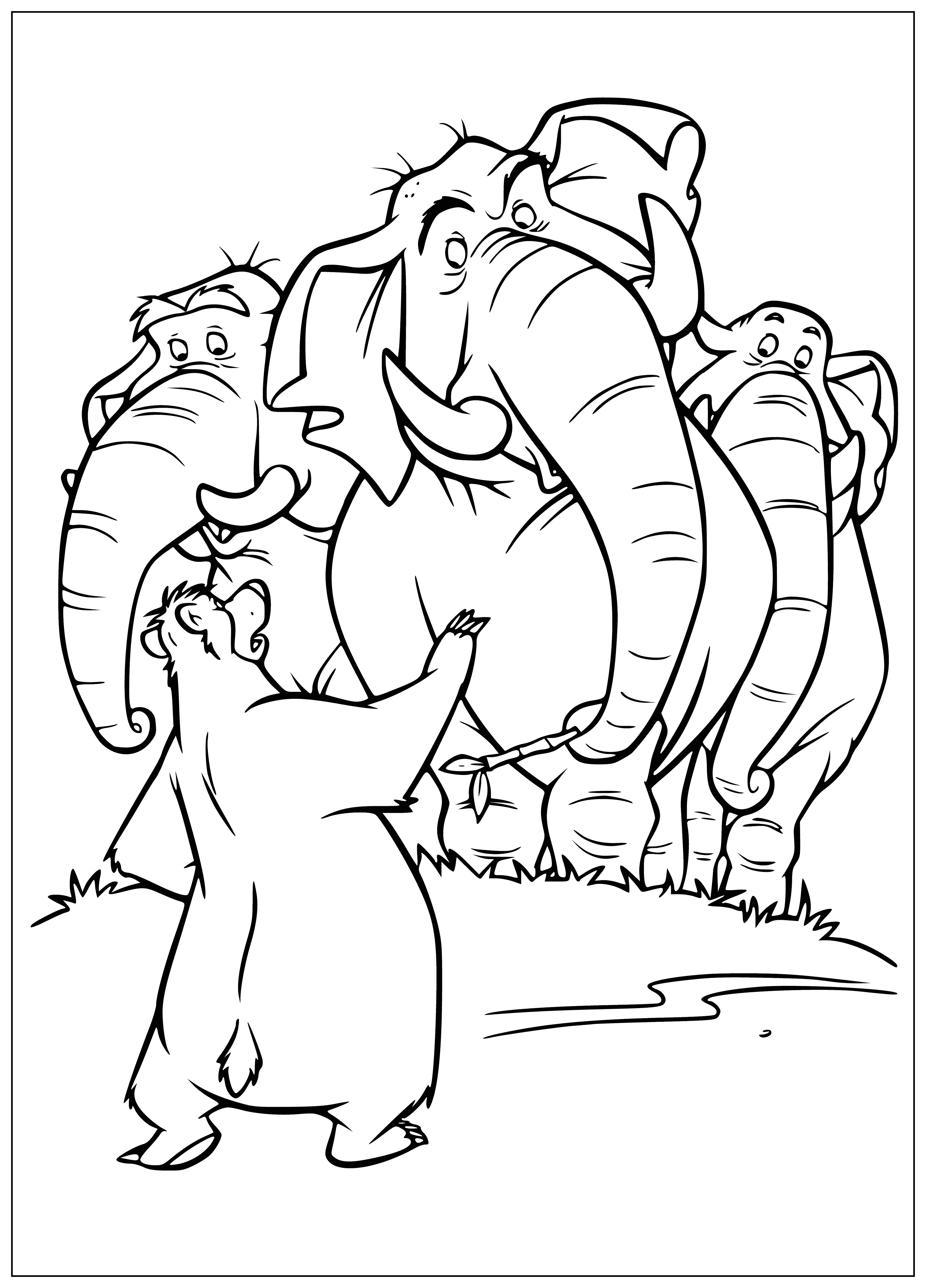 coloring page: Two creatures, an elephant and a bear, stand in a calm jungle scene. Ele. looks kindly, bear reaches w/ paws in playful delight.