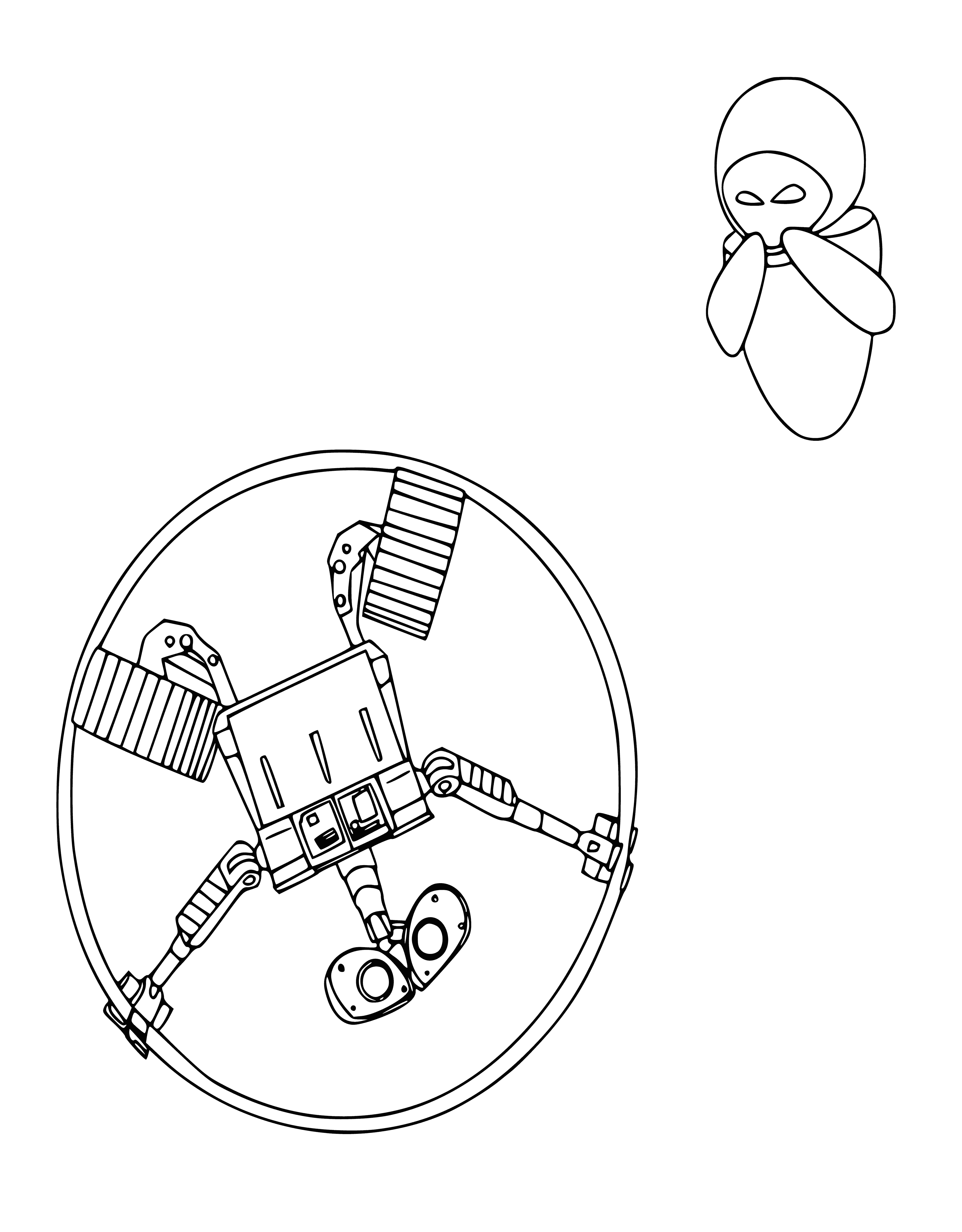 coloring page: Robotic creature sits on a hill, holding something in its hands; next to it is a round object. #robotics #AI