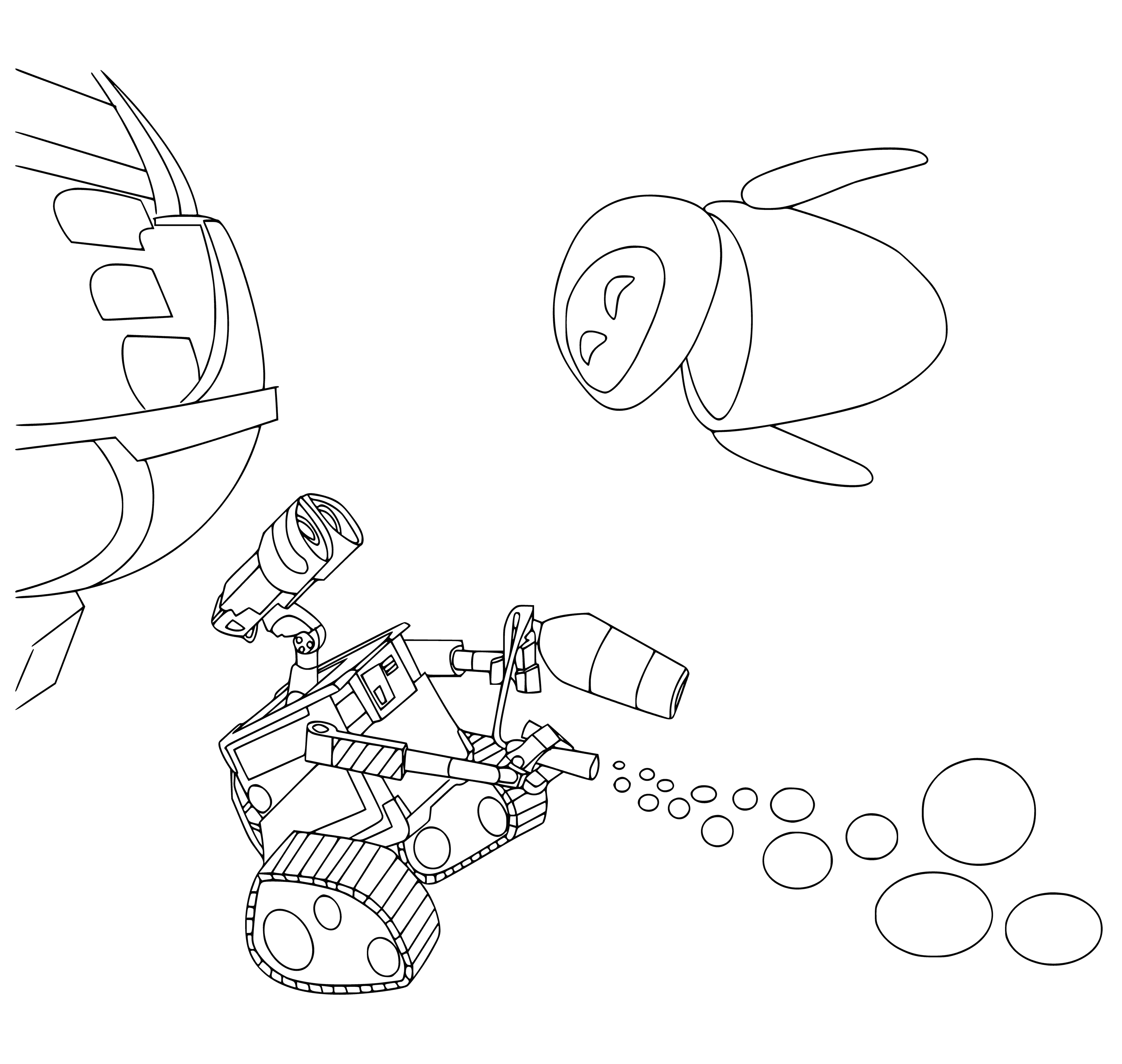 coloring page: Wall-e and Eve, two robots: Wall-e is round, big-eyed, with 4 limbs; Eve is tall and slender, with 4 limbs and a long, thin neck.