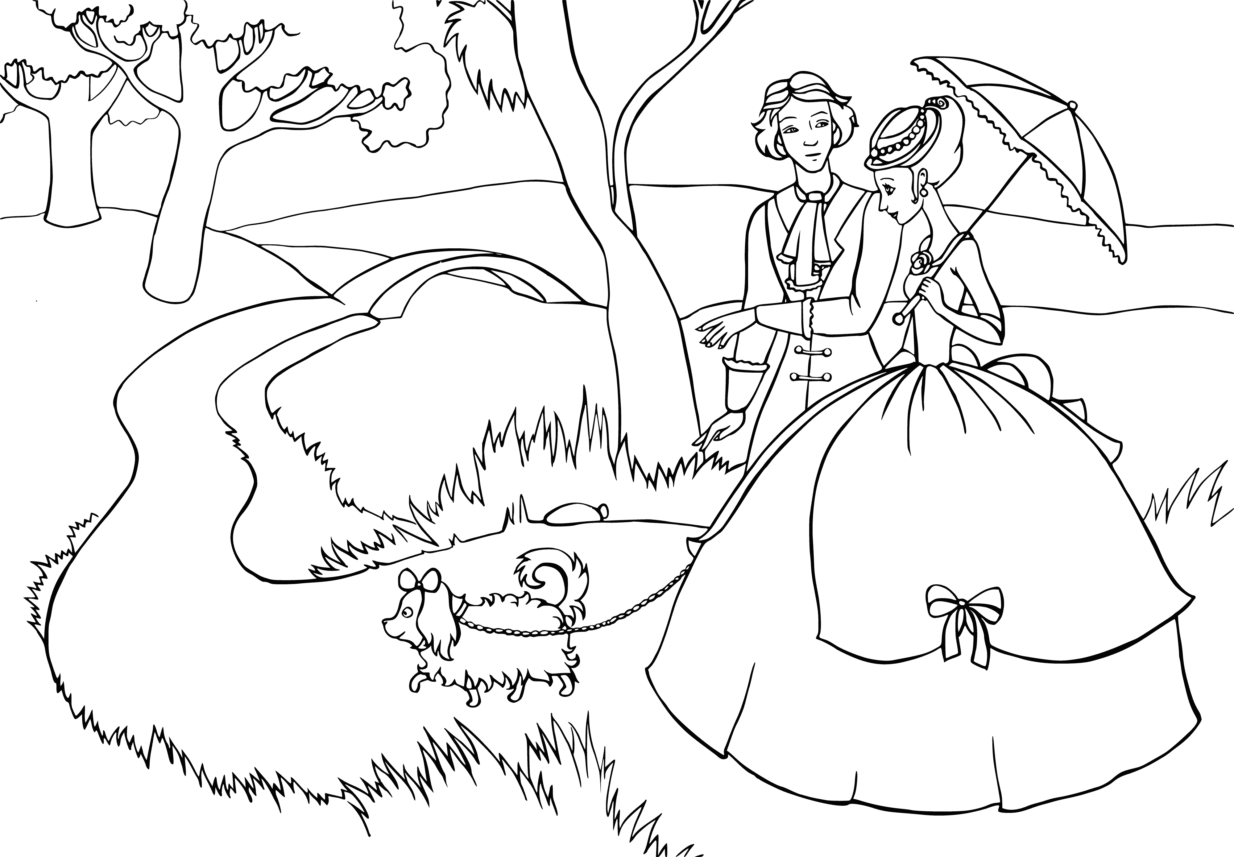 coloring page: The fairy kingdom is a magical place of tall, silvery trees with delicate, colorful leaves; a gentle breeze, warm sun, and blooming flowers; with butterflies flitting around.