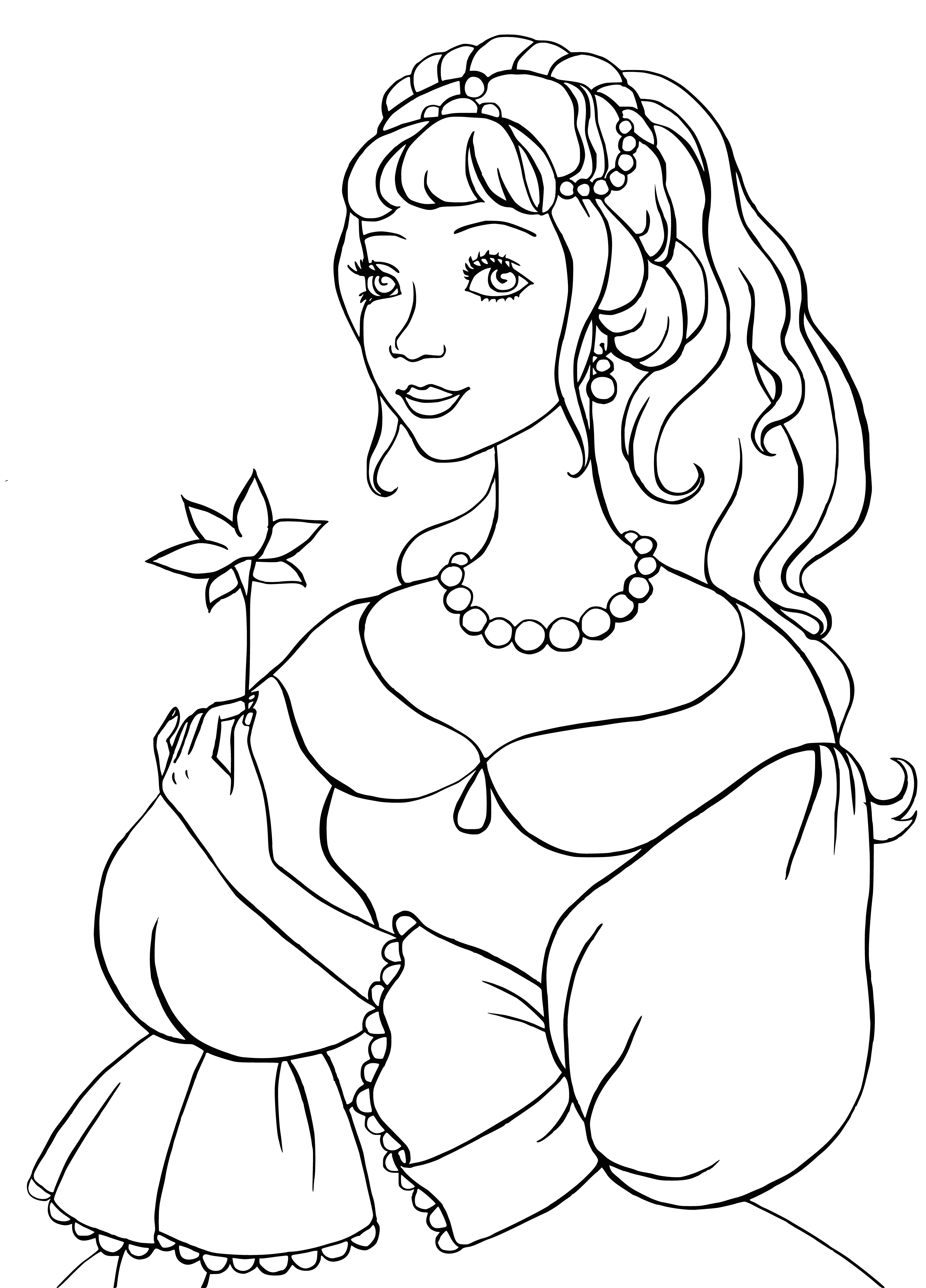 coloring page: Princess sits on throne, wearing pink dress and crown, arms on armrests, scepter in right hand. Happy and content.