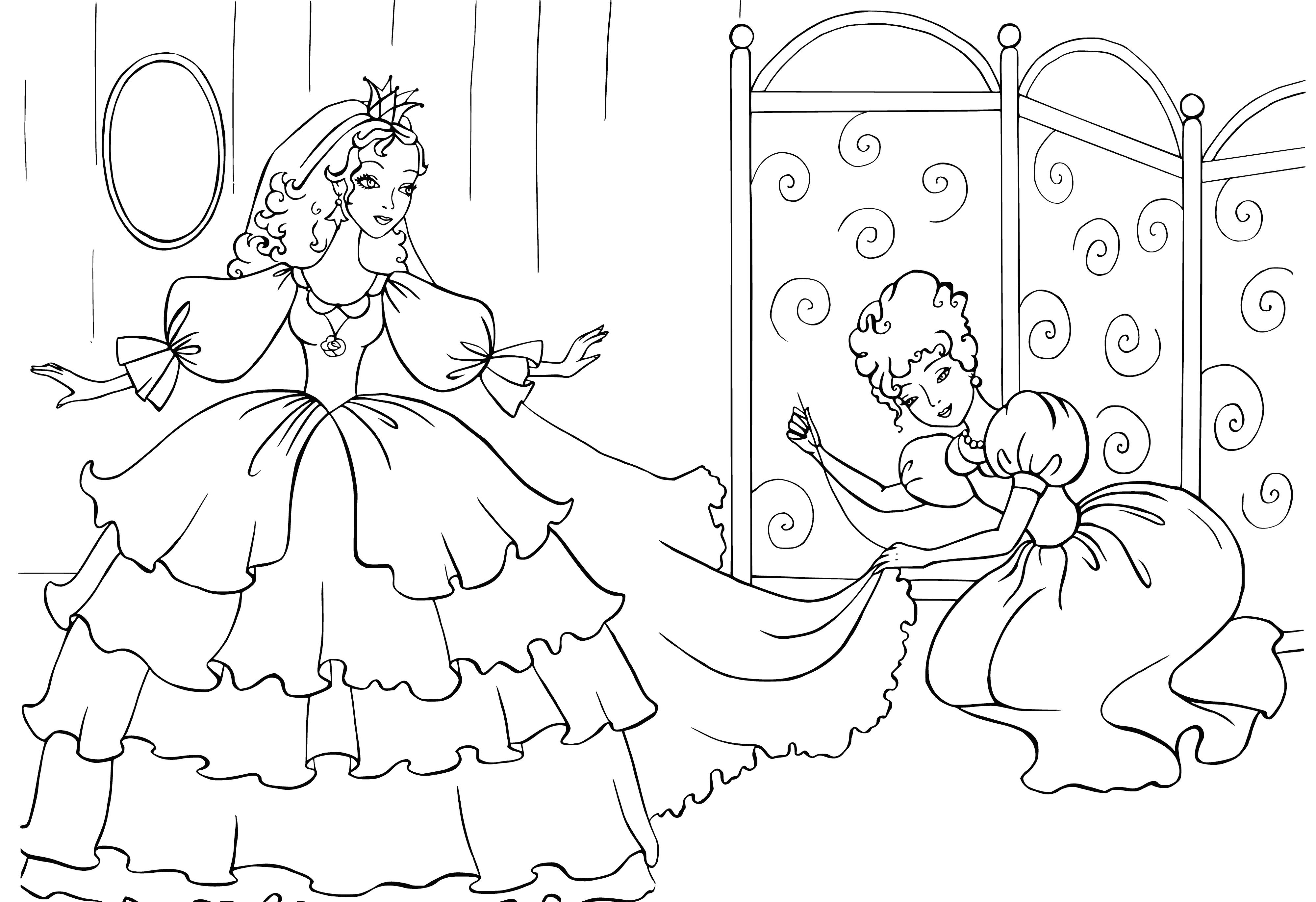 coloring page: Princess looks ready for a ball in beautiful strapless dress with sweetheart neck, crystals, and full skirt.