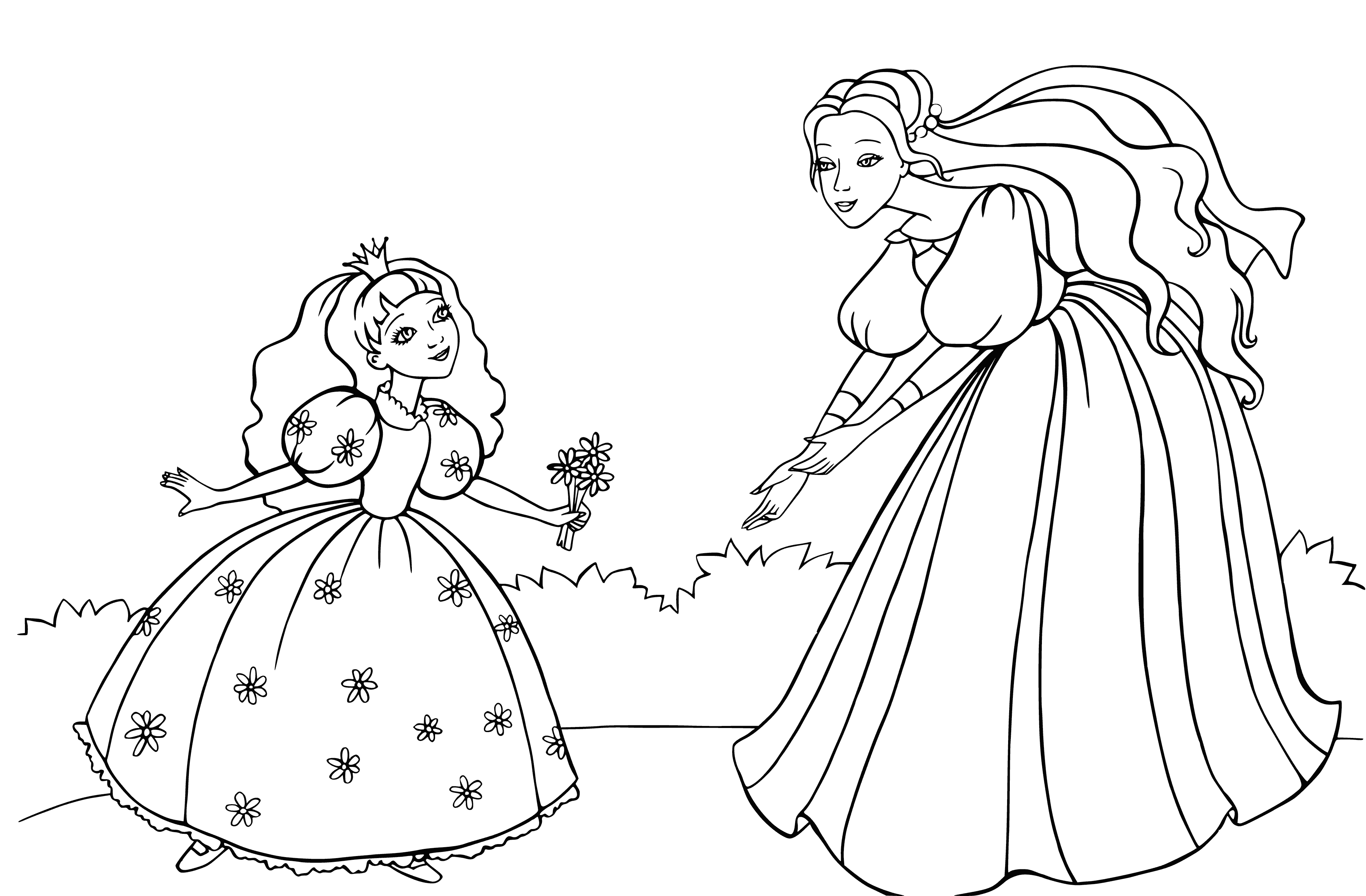 coloring page: Beautiful Princess sits on a throne of flowers with wand in hand surrounded by a magical castle and nature.