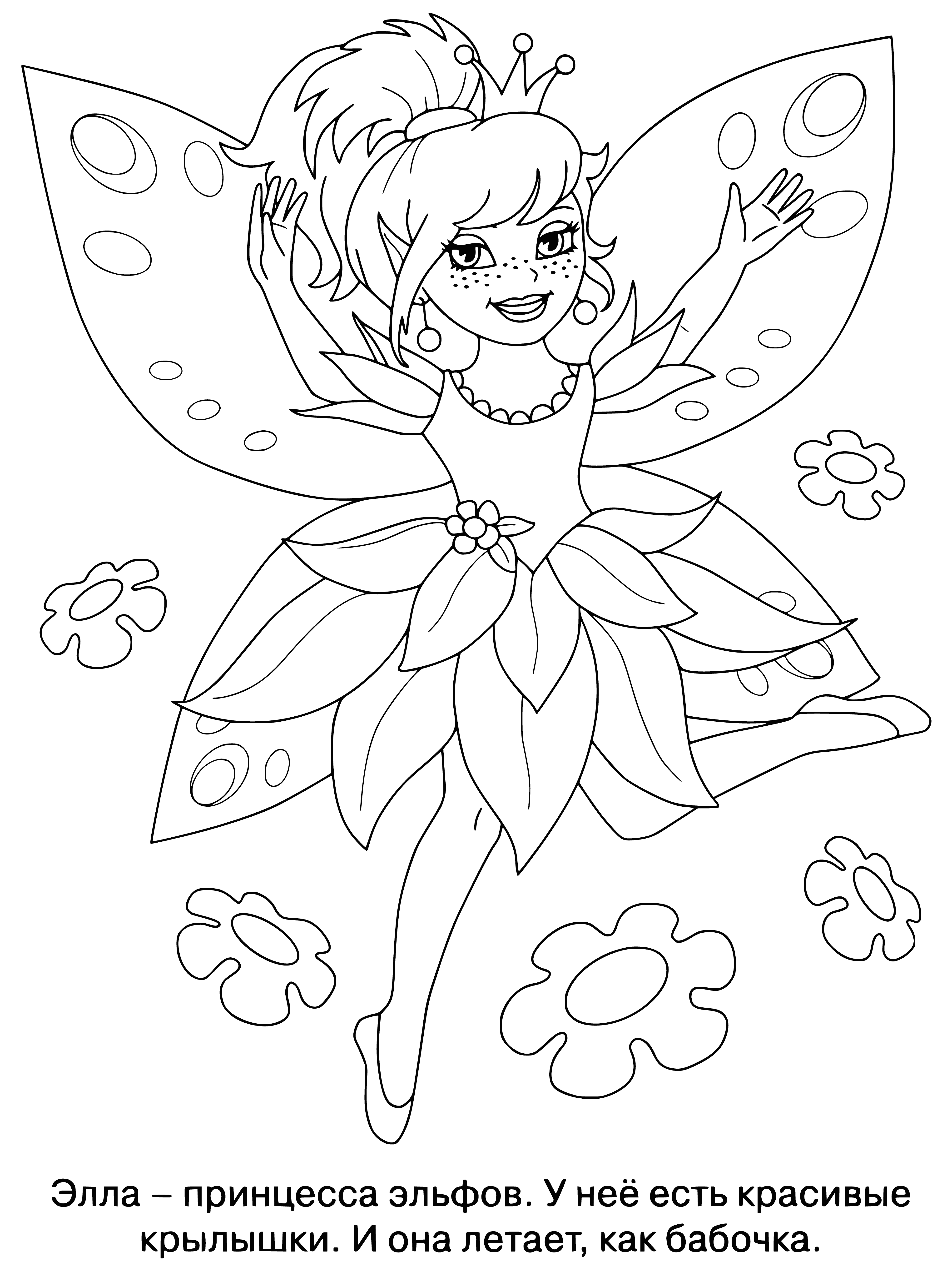 coloring page: A little girl wearing a princess dress and tiara paints her own castle with a brush and palette.