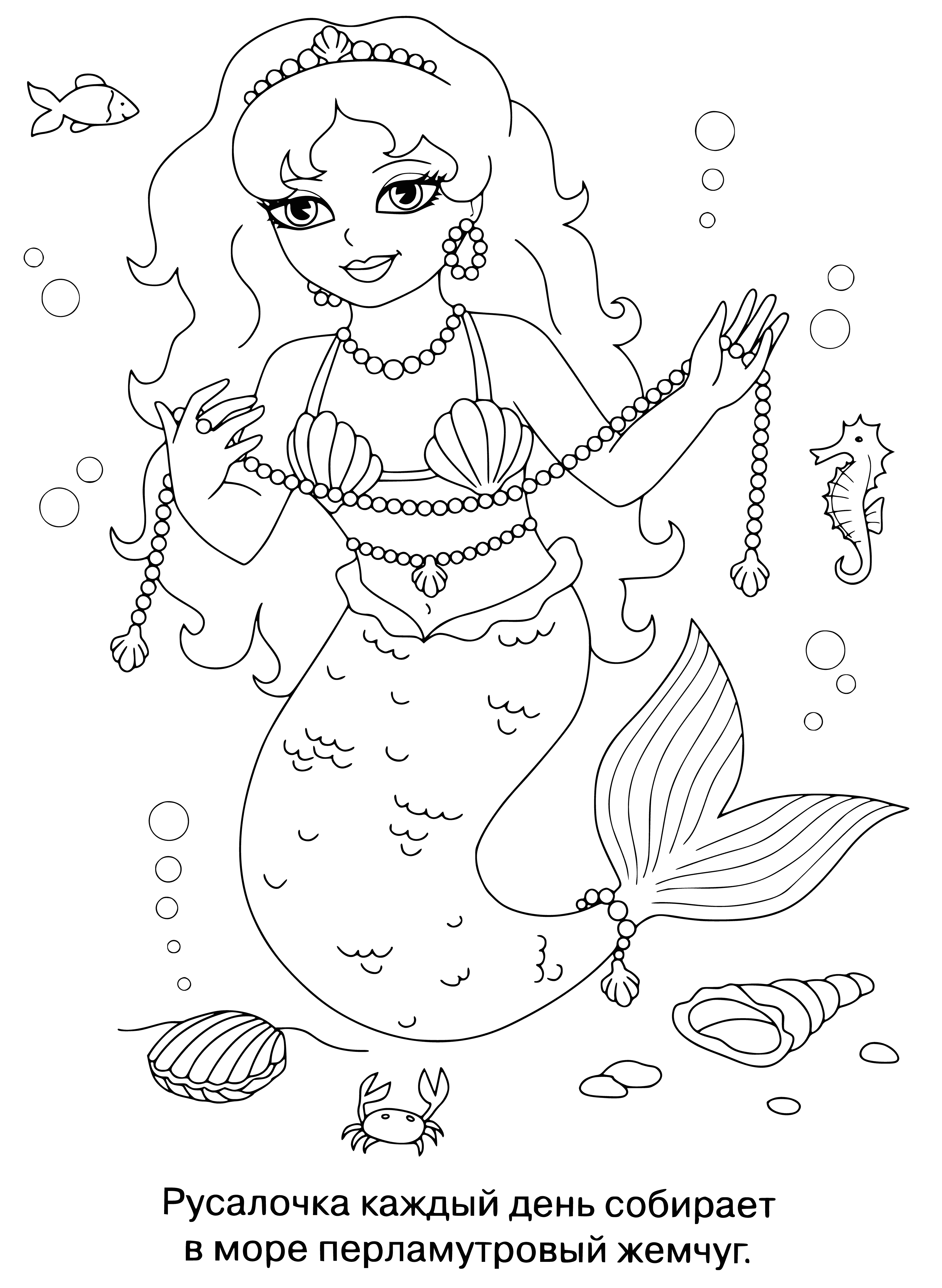 coloring page: Little girl w/ long hair stands in ocean, wearing crown & dress w/ fins turned up and tail. Surrounded by fish and creatures of the sea.
