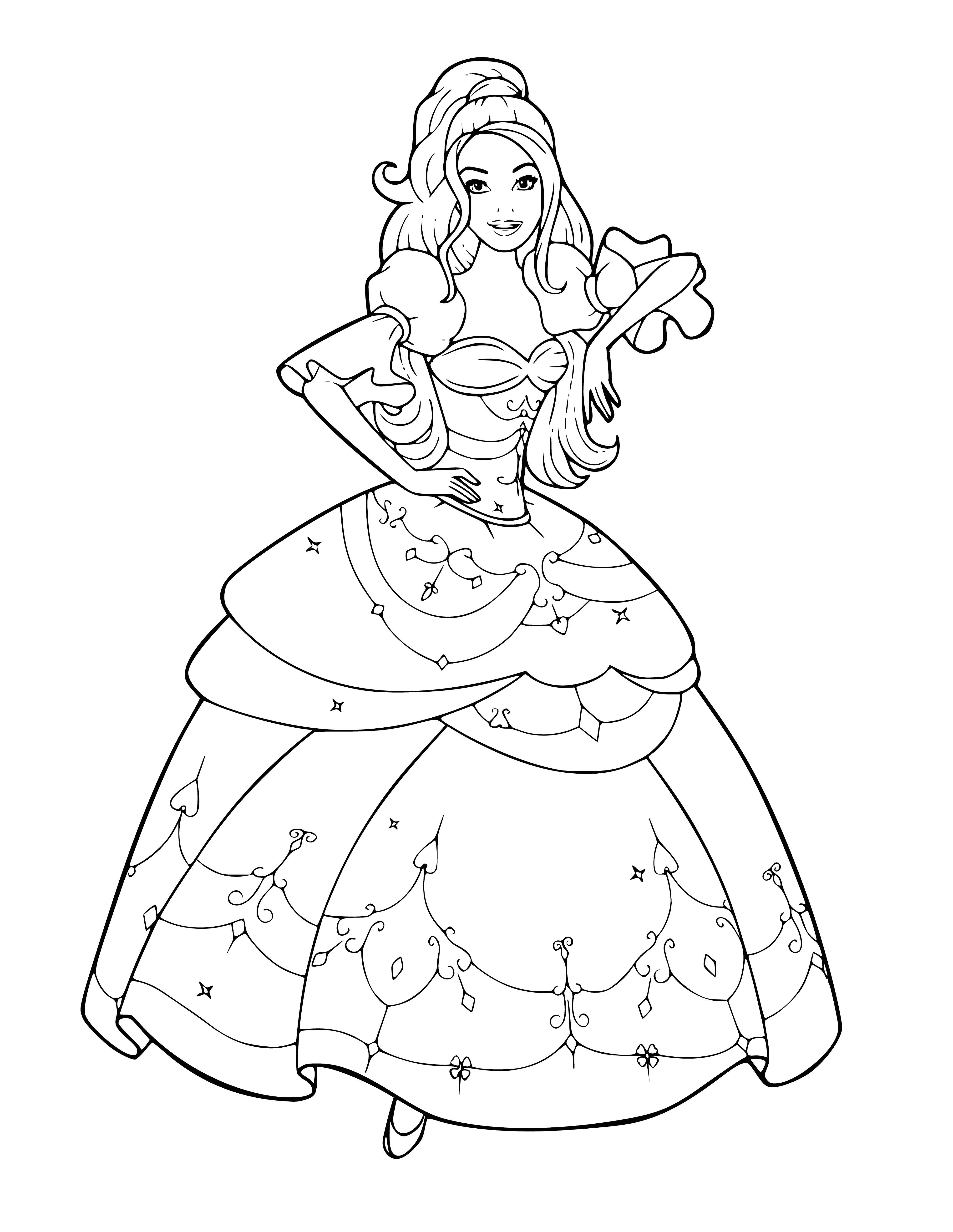 coloring page: Barbie in a pink ball gown with white undershirt, blonde hair in a bun, tiara and earrings. #Barbie #PinkBallGown