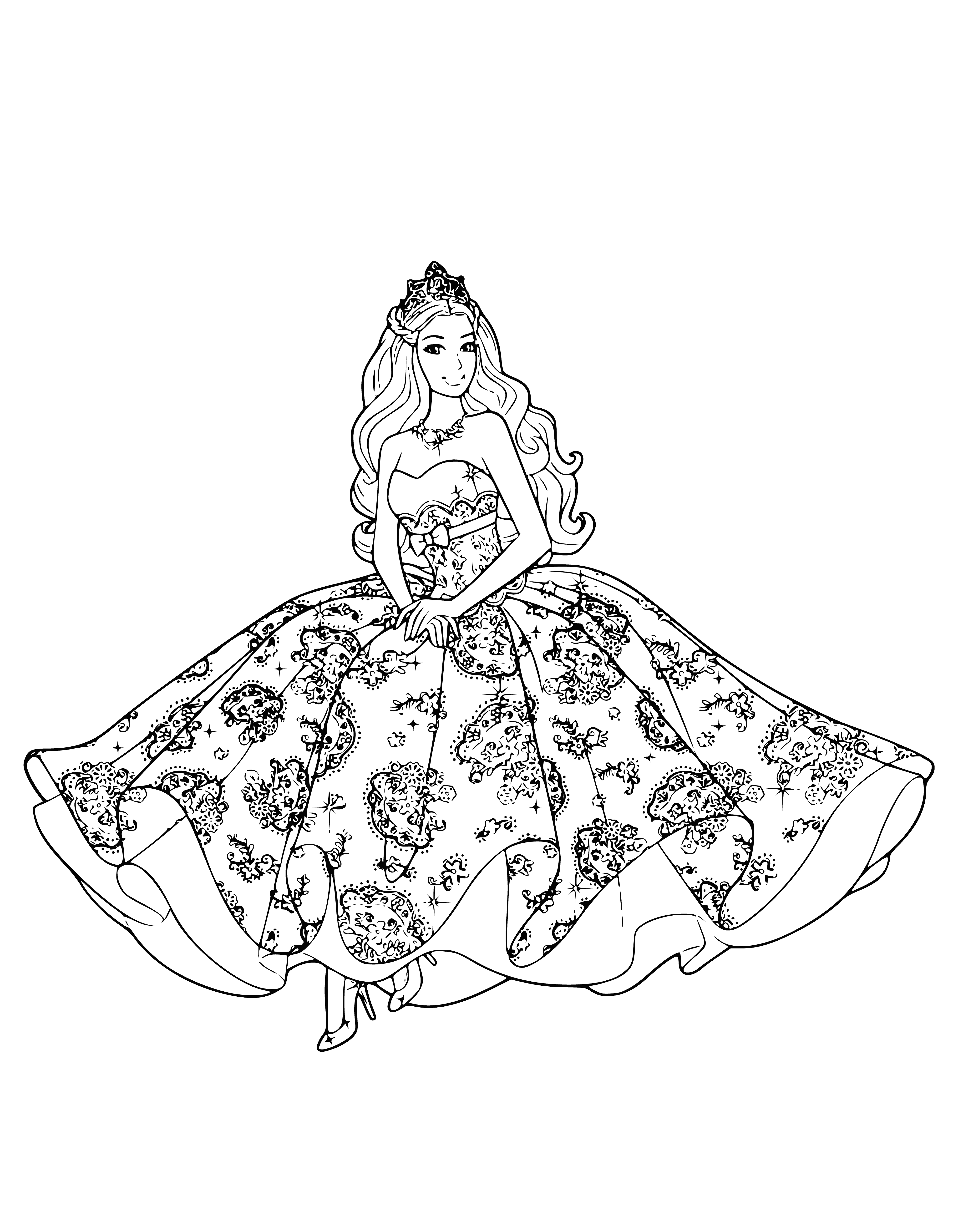 coloring page: Barbie doll looks stunning in her white/black dress, blonde hair and blue eyes! She's admiring her reflection in a mirror.