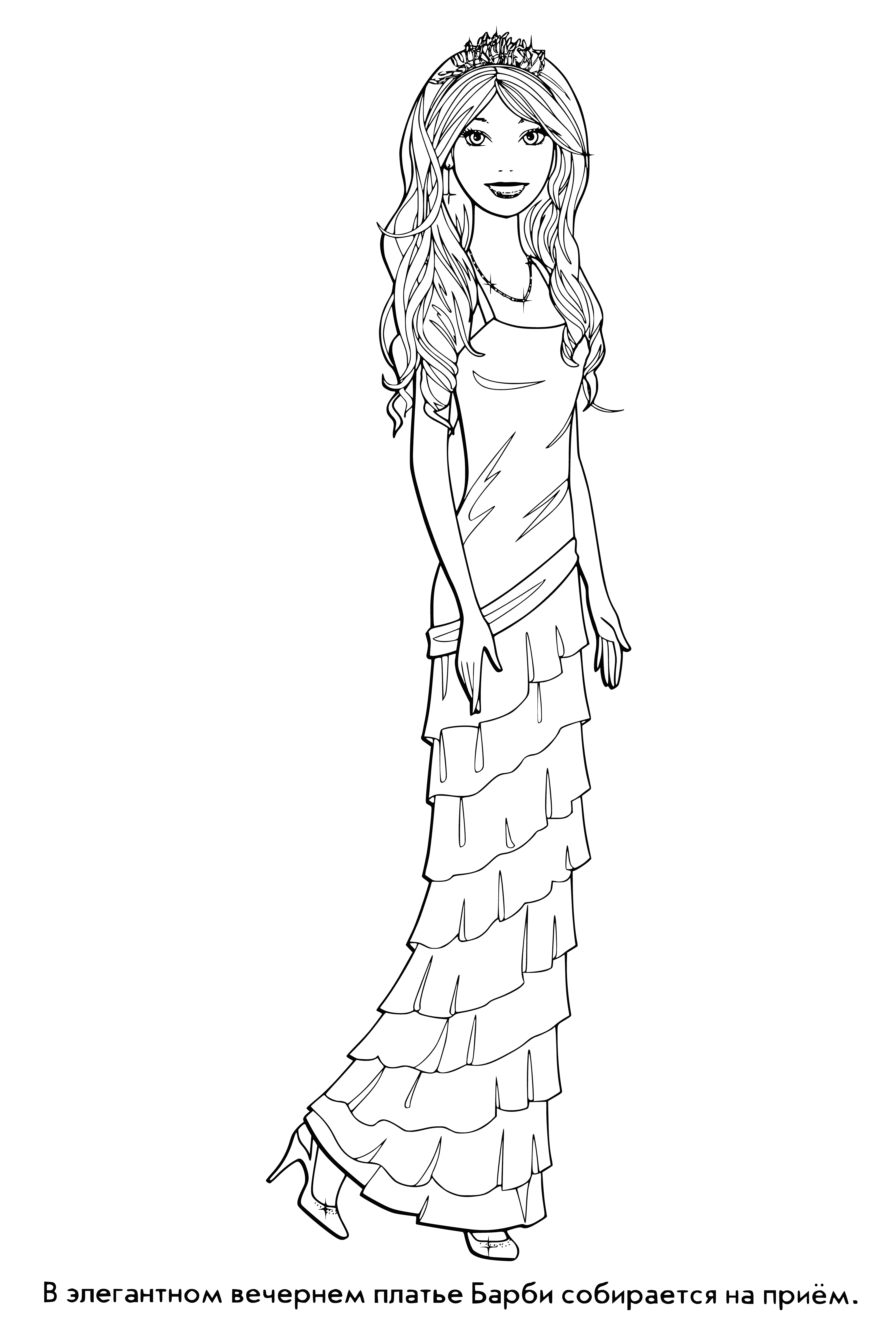 coloring page: Barbie sits in chair, wearing pink dress, blonde bob, pink lipstick & earrings. Nurse stands next to her, holding a blood pressure cuff.