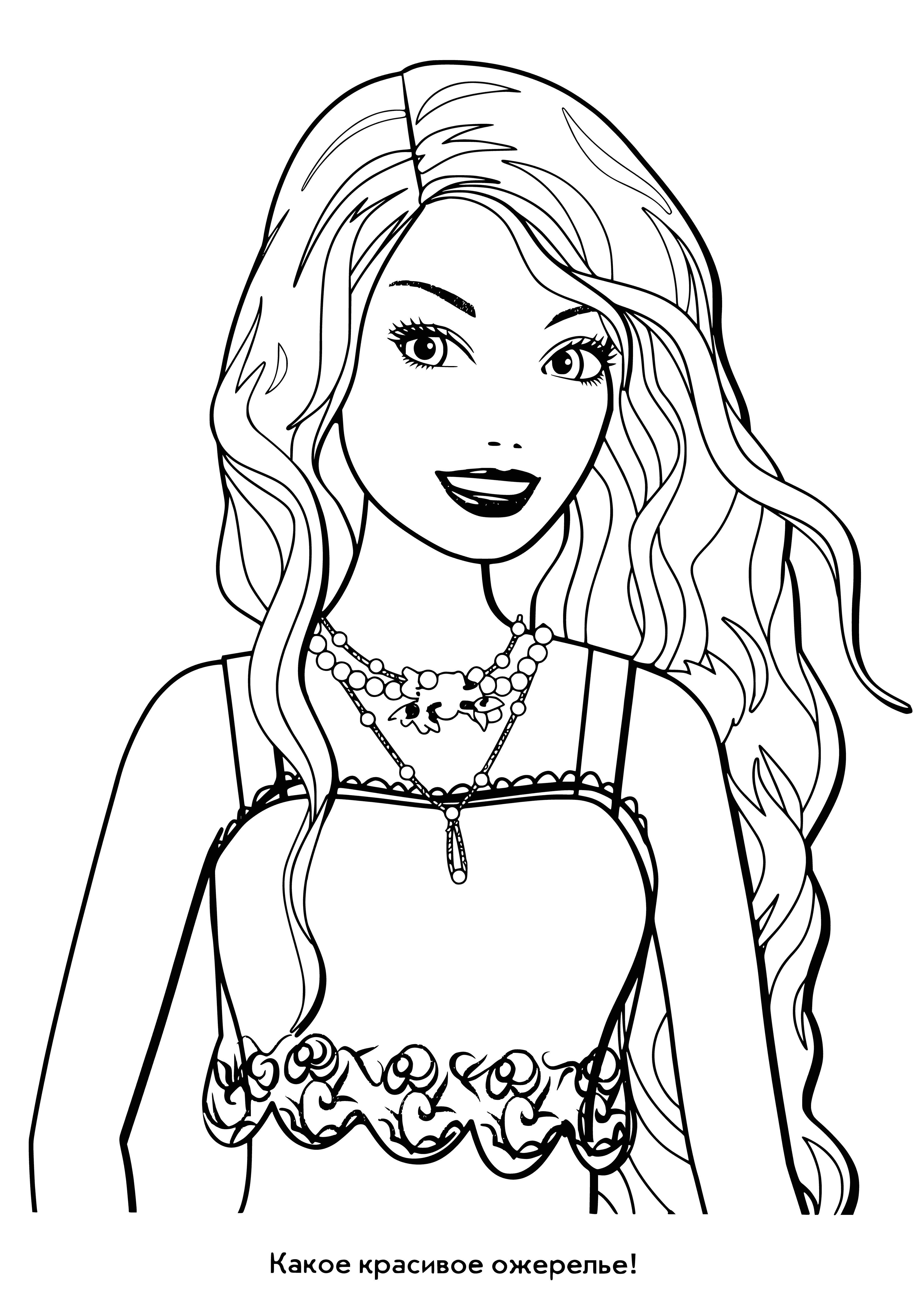 coloring page: Barbie is a beautiful doll w/ a white shirt, pink heart, pink skirt, blue eyes, & long blonde hair.