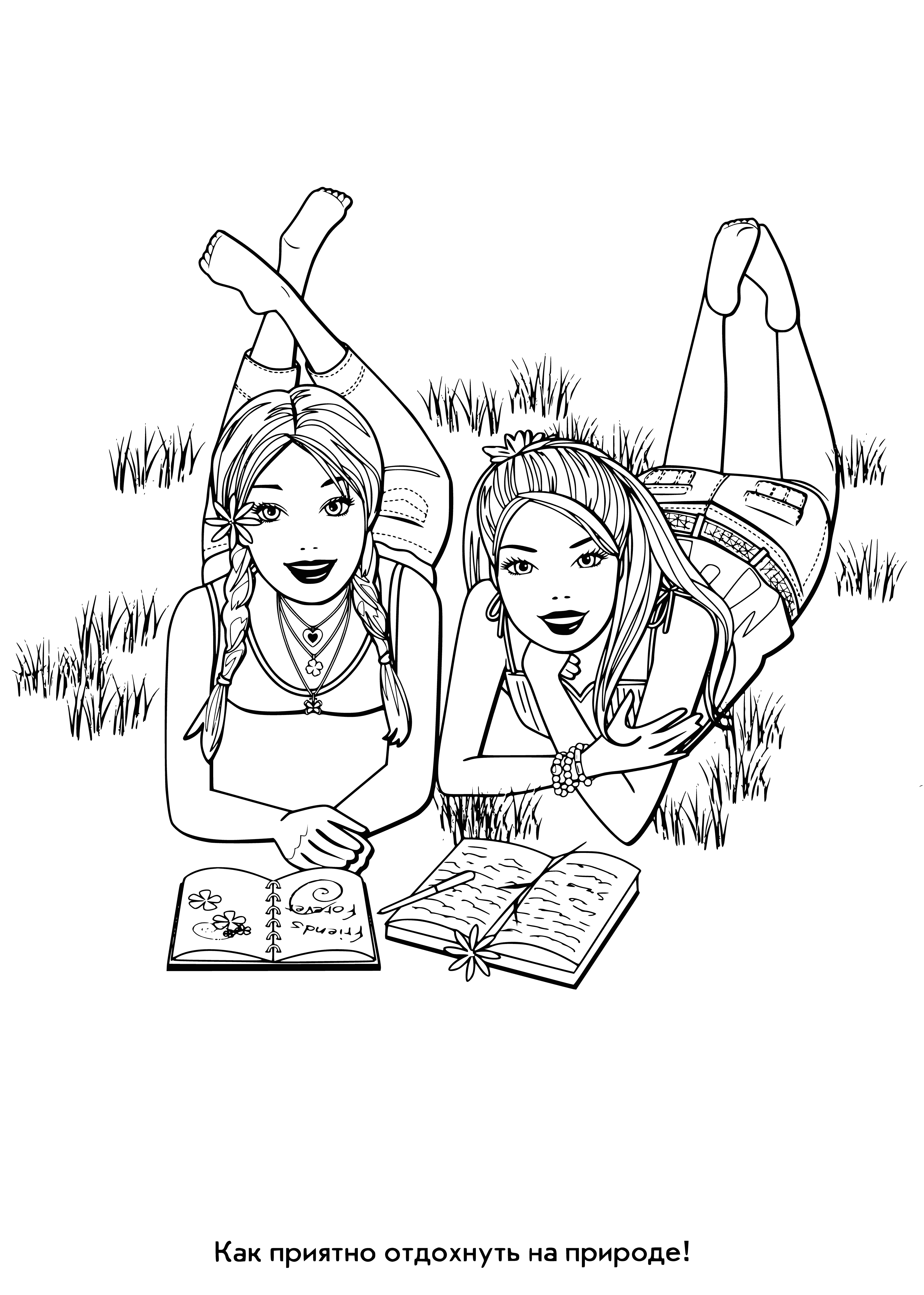coloring page: Barbie is enjoying nature's beauty with clear blue skies, trees, flowers, and a river. #outdoors #relaxation
