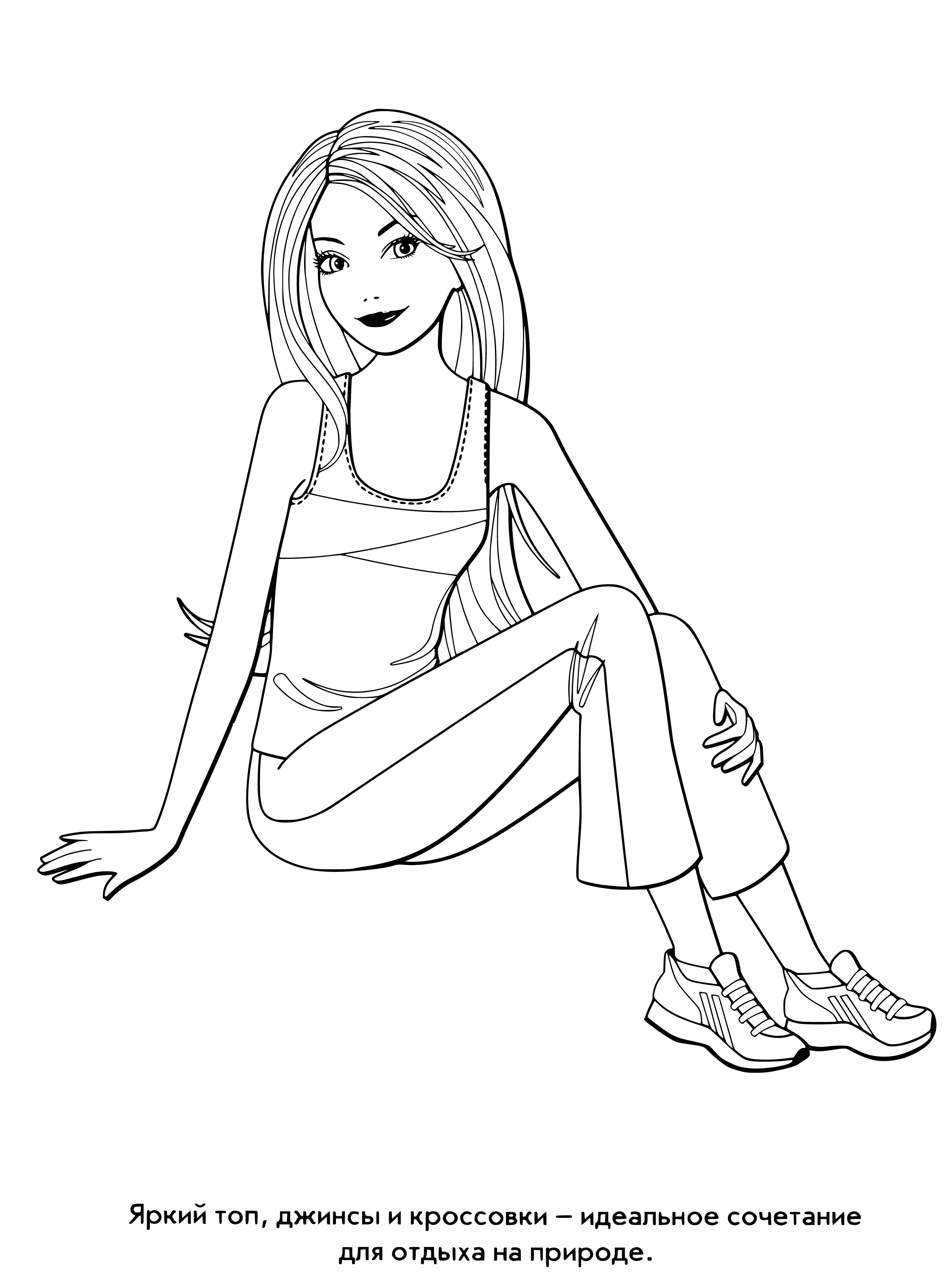 coloring page: Barbie relaxes in a grassy area surrounded by trees and plants, a river in the background. Eyes closed, arm behind her head, peaceful.