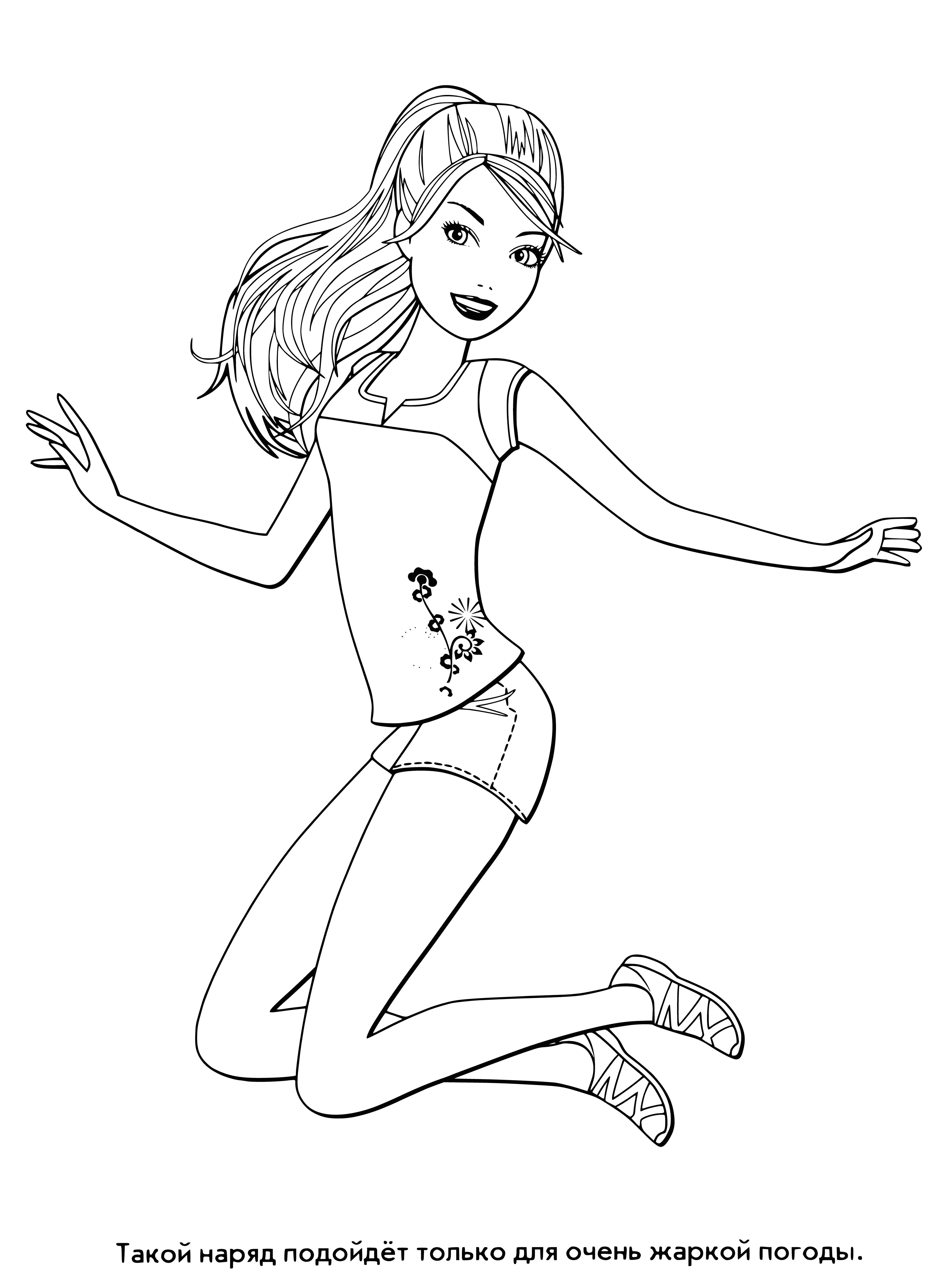 coloring page: Barbie's summer look: White shirt, blue/white striped skirt, white hat & blue shoes.