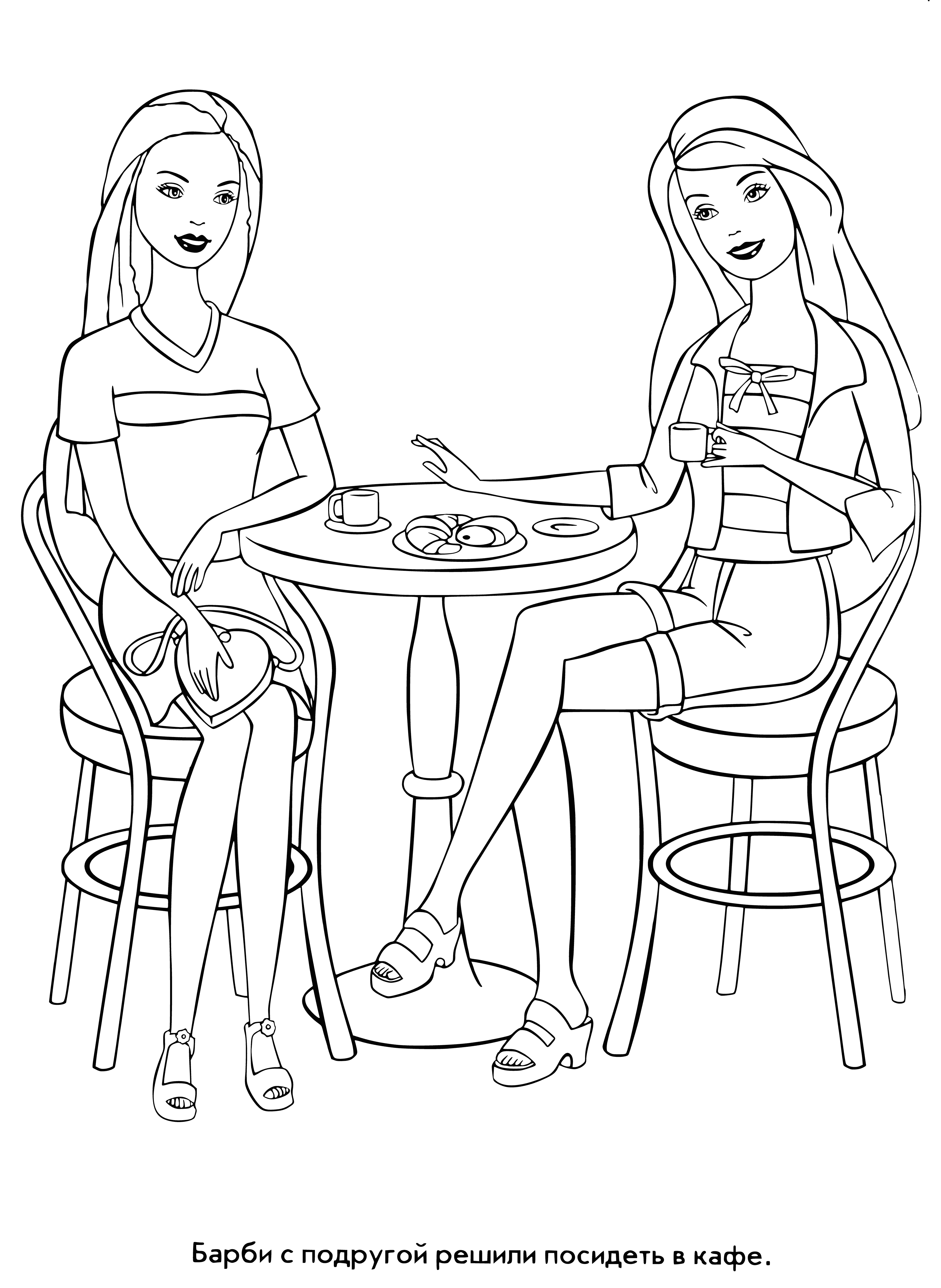 coloring page: Barbie sits at a cafe table with coffee and croissant, looking down at her phone. #coloringfun