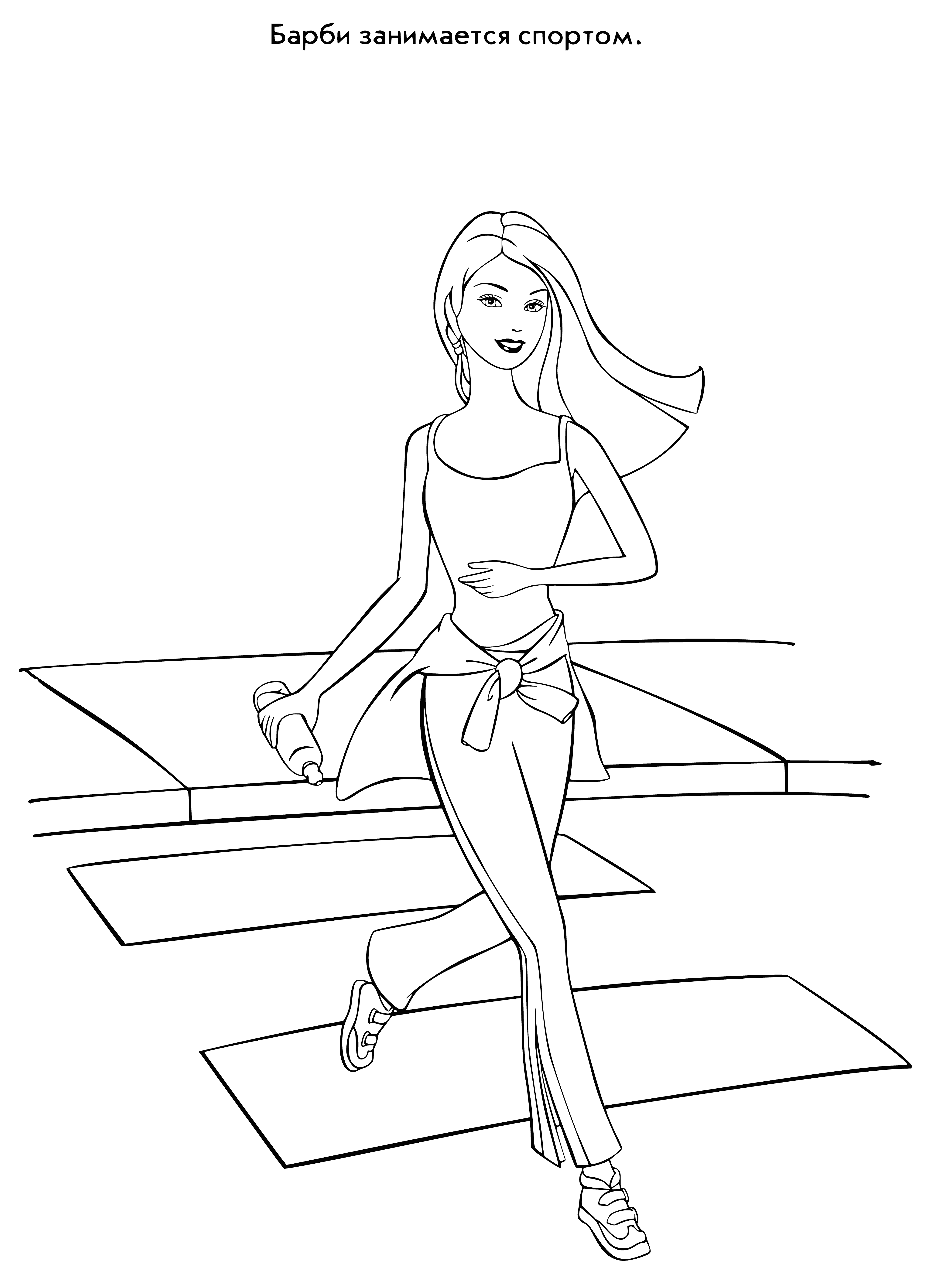 coloring page: Barbie in workout clothes holding water bottle in front of brick wall - coloring page. #coloringpages #barbie