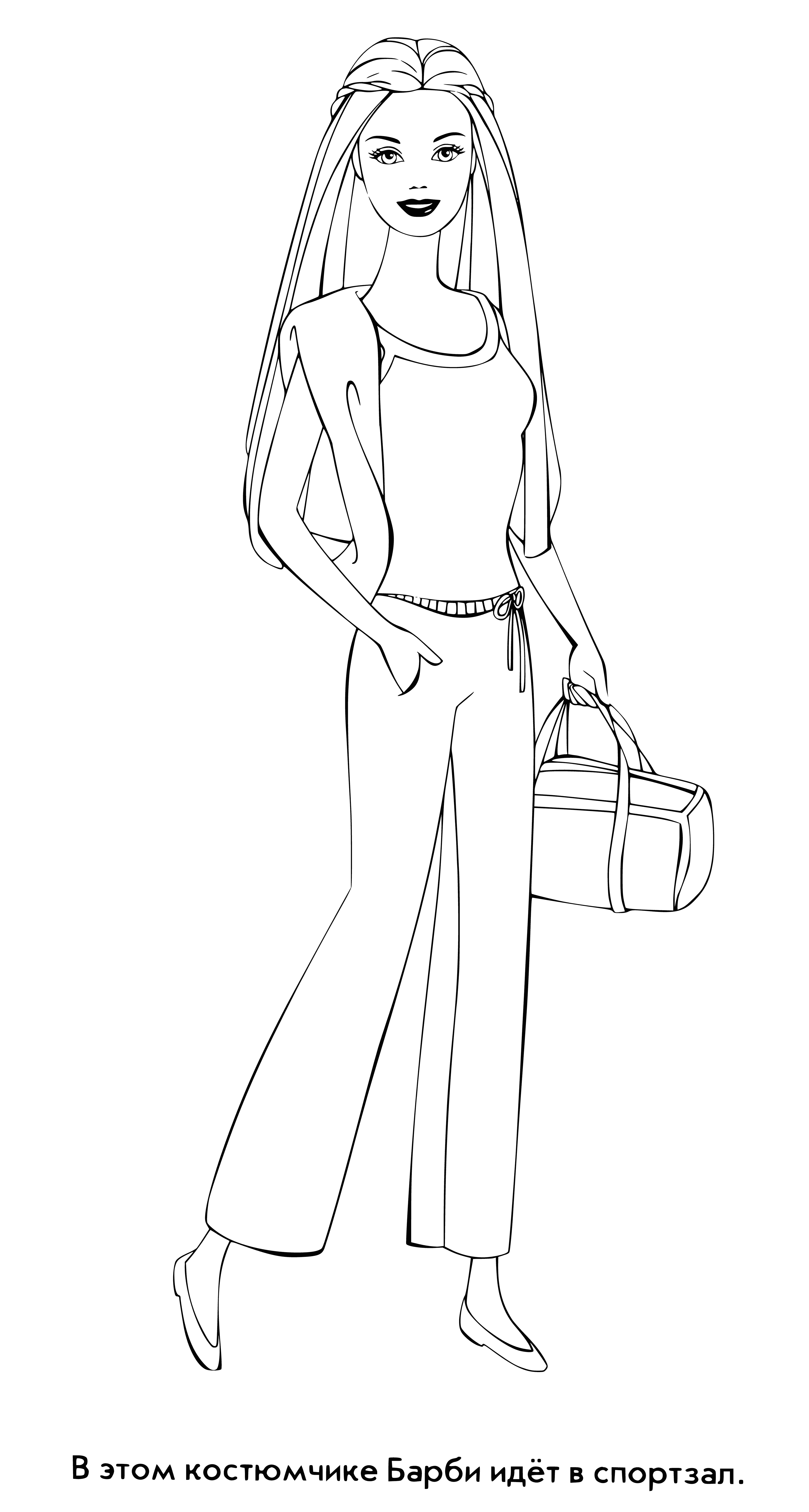 coloring page: Iconic Barbie doll cherished by girls for over 50 years; beautiful blonde with blue eyes wearing pink dress, pearl earrings and bracelet.