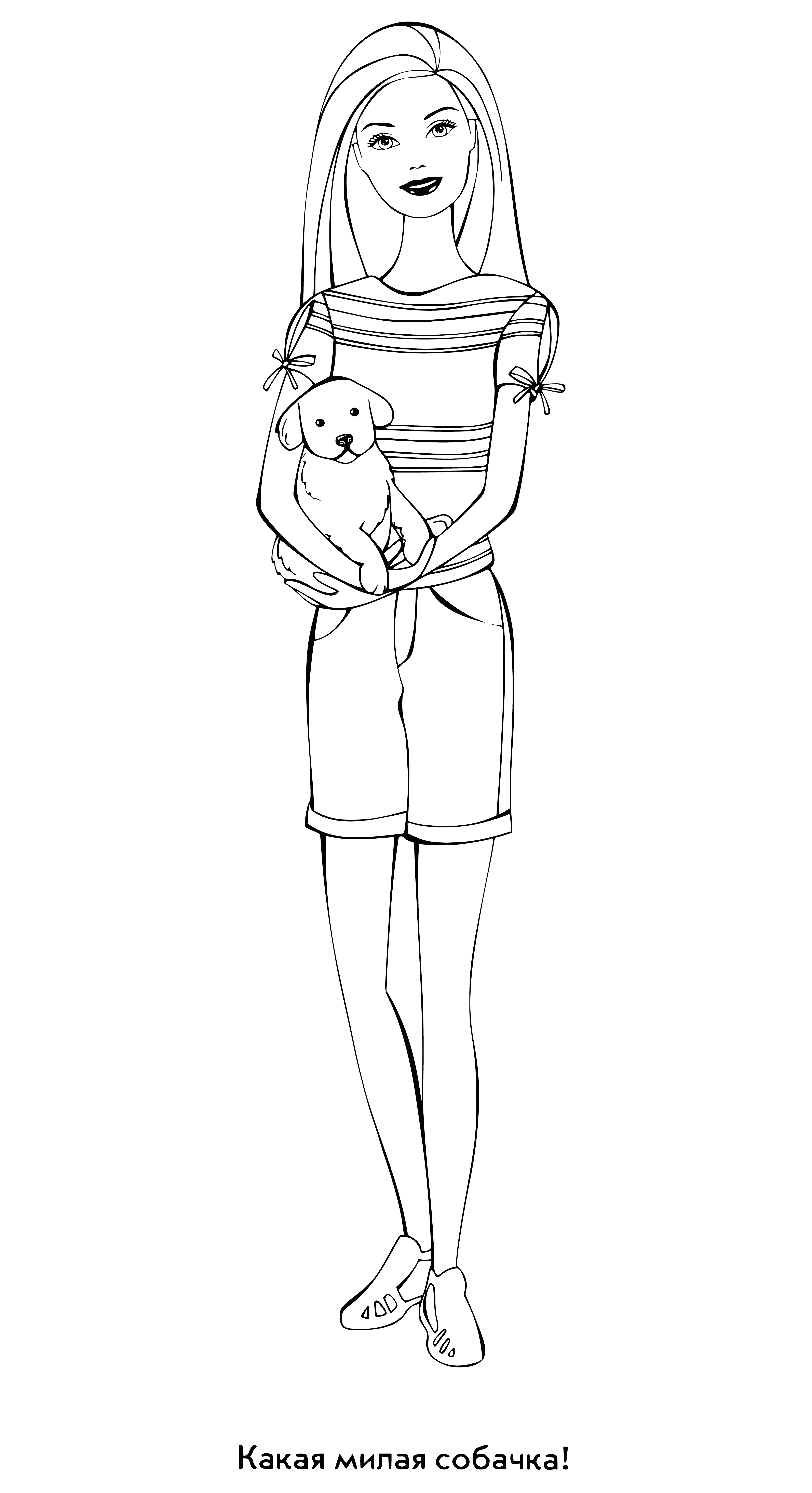 coloring page: Barbie doll in pink dress/purple belt/shoes; blonde hair, blue eyes on pink background.
