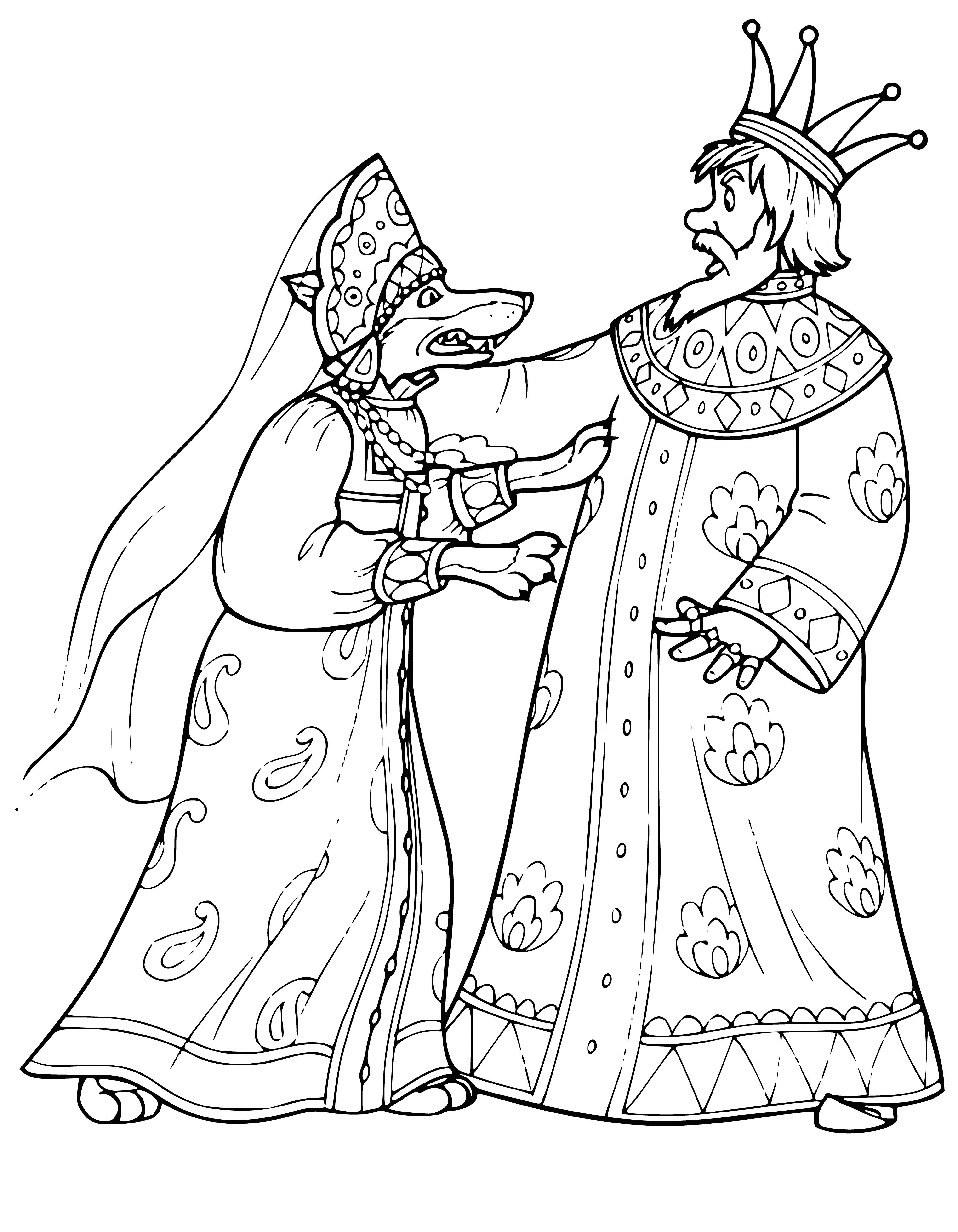 coloring page: King and wolf sitting in a room, king looking at wolf wearing a crown; wolf looking at king with a sword.