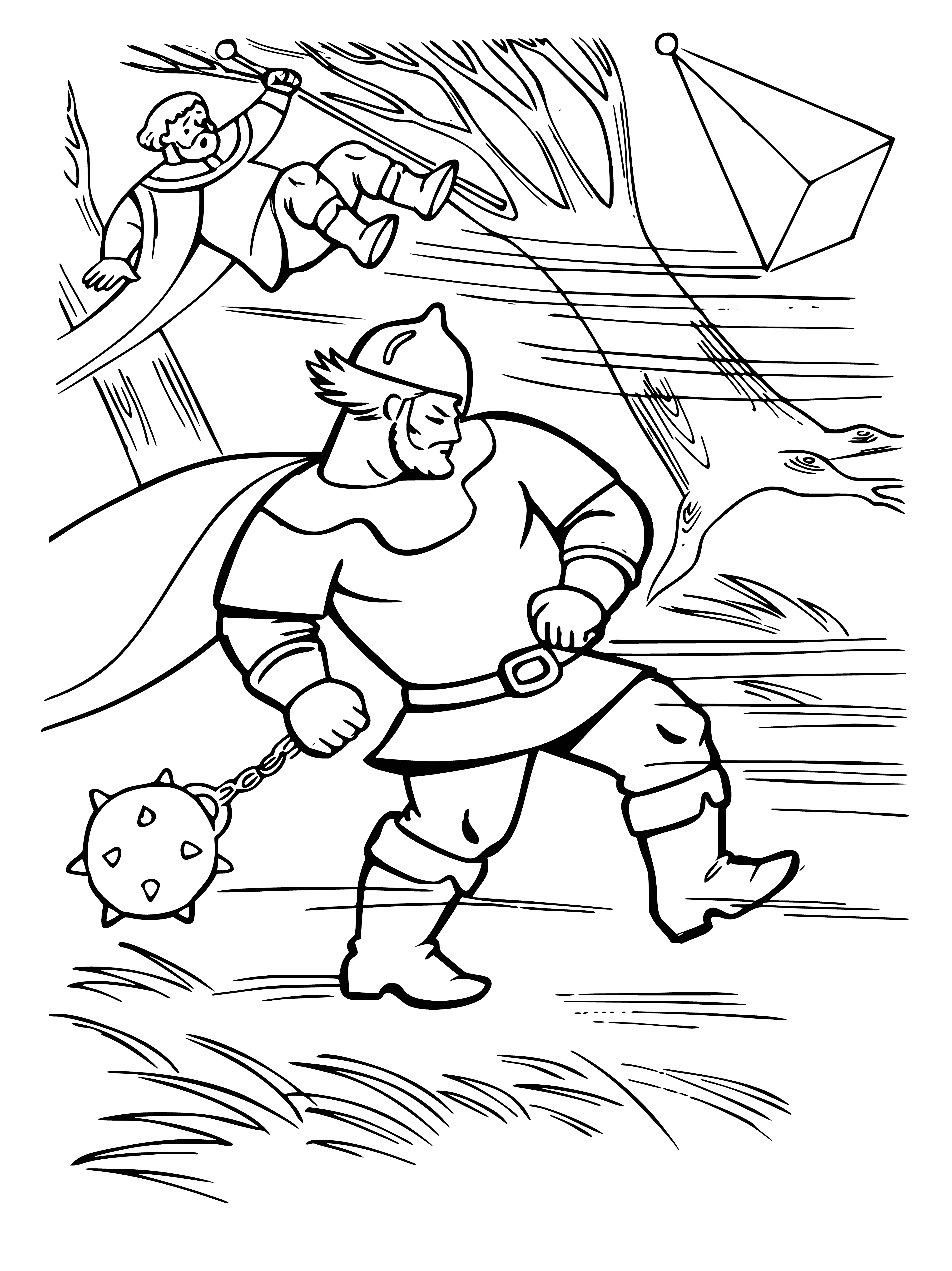 coloring page: 3 men in Russian clothes stand in snow w/ axes, 1 blowing a whistle, waiting for something.