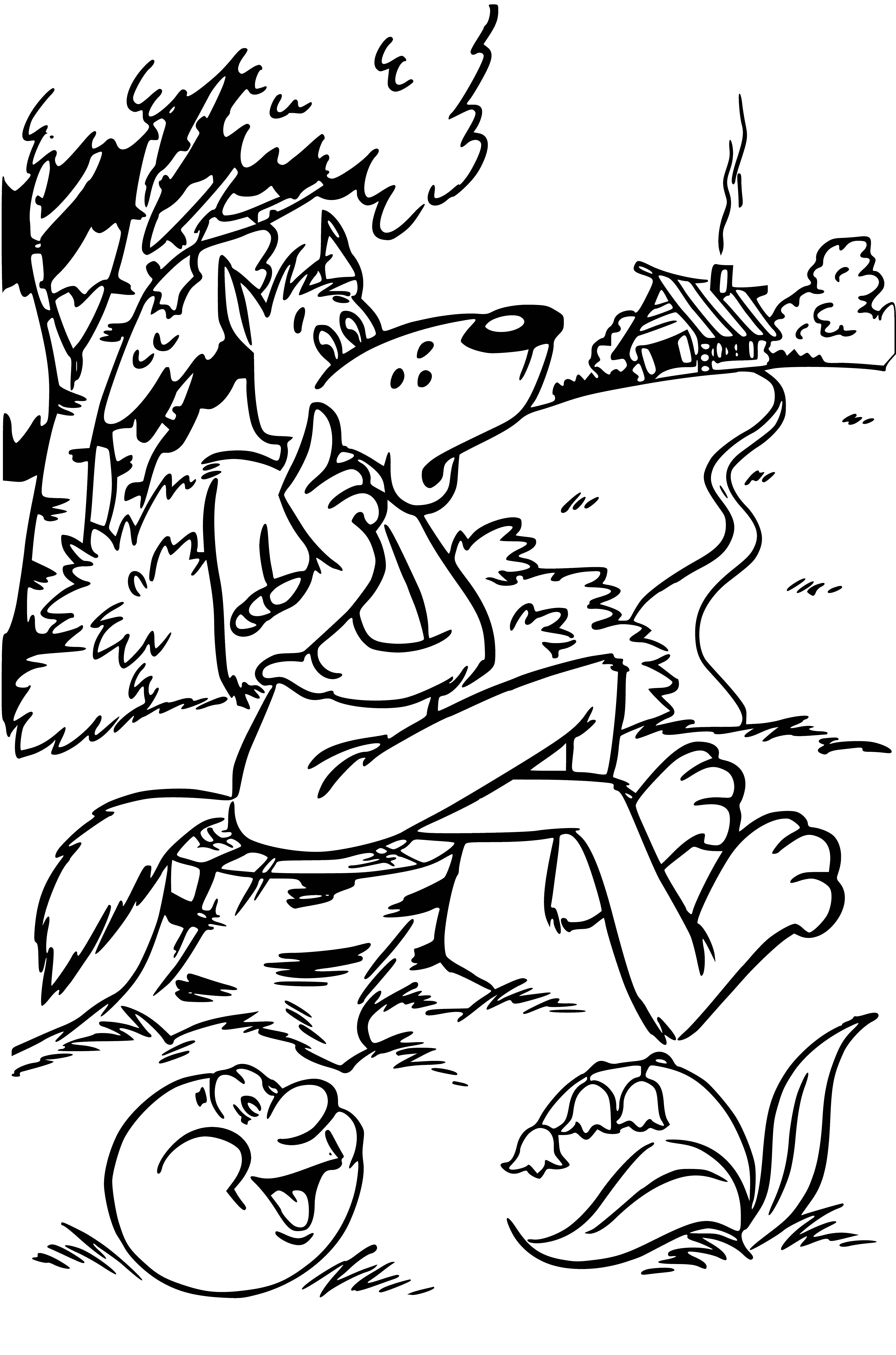 coloring page: Gingerbread Man escapes Wolf by running into a house the Wolf can't enter.