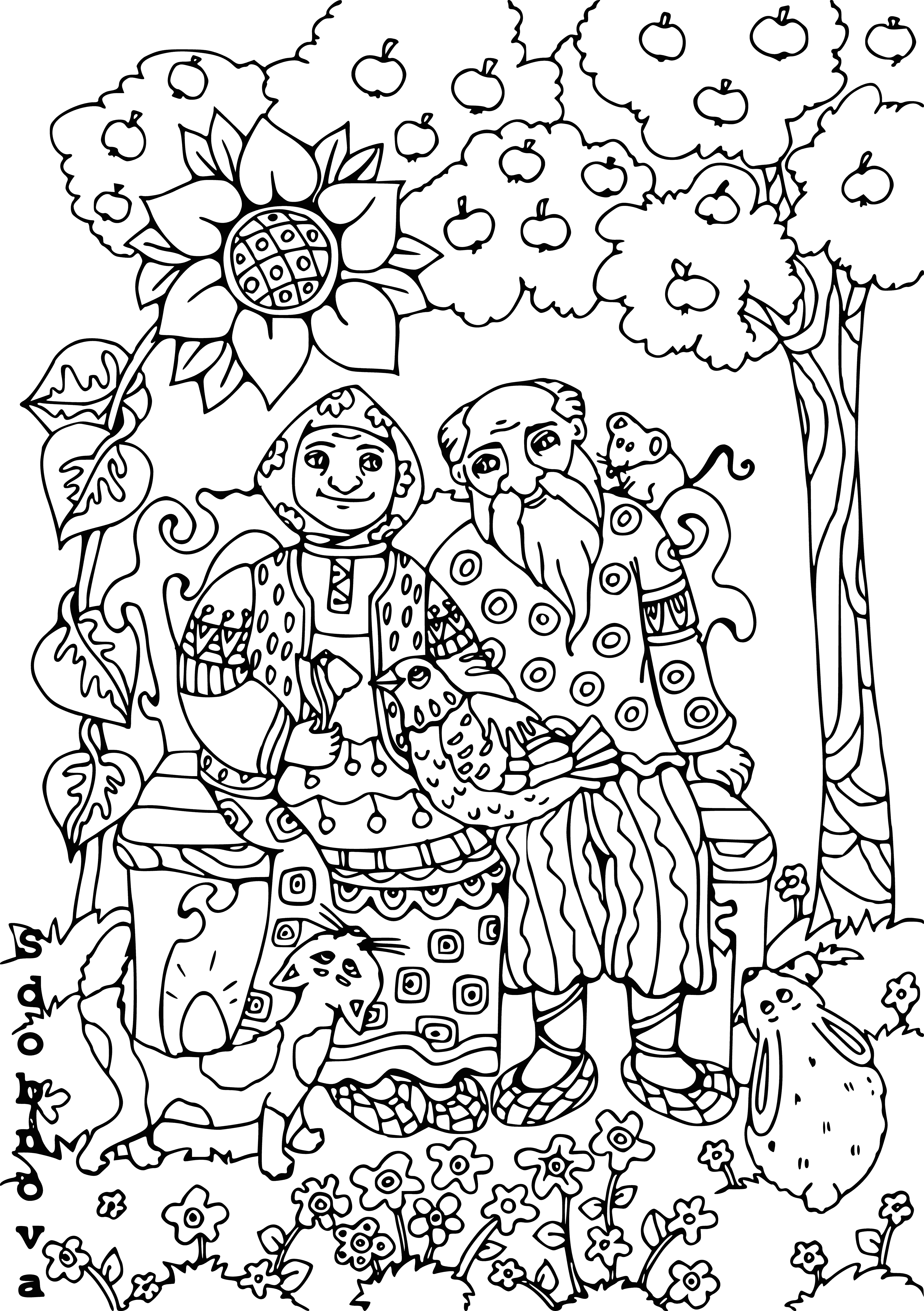 coloring page: Grandfather, grandmother & chicken are happy on a bench with the chicken speckled & running around.