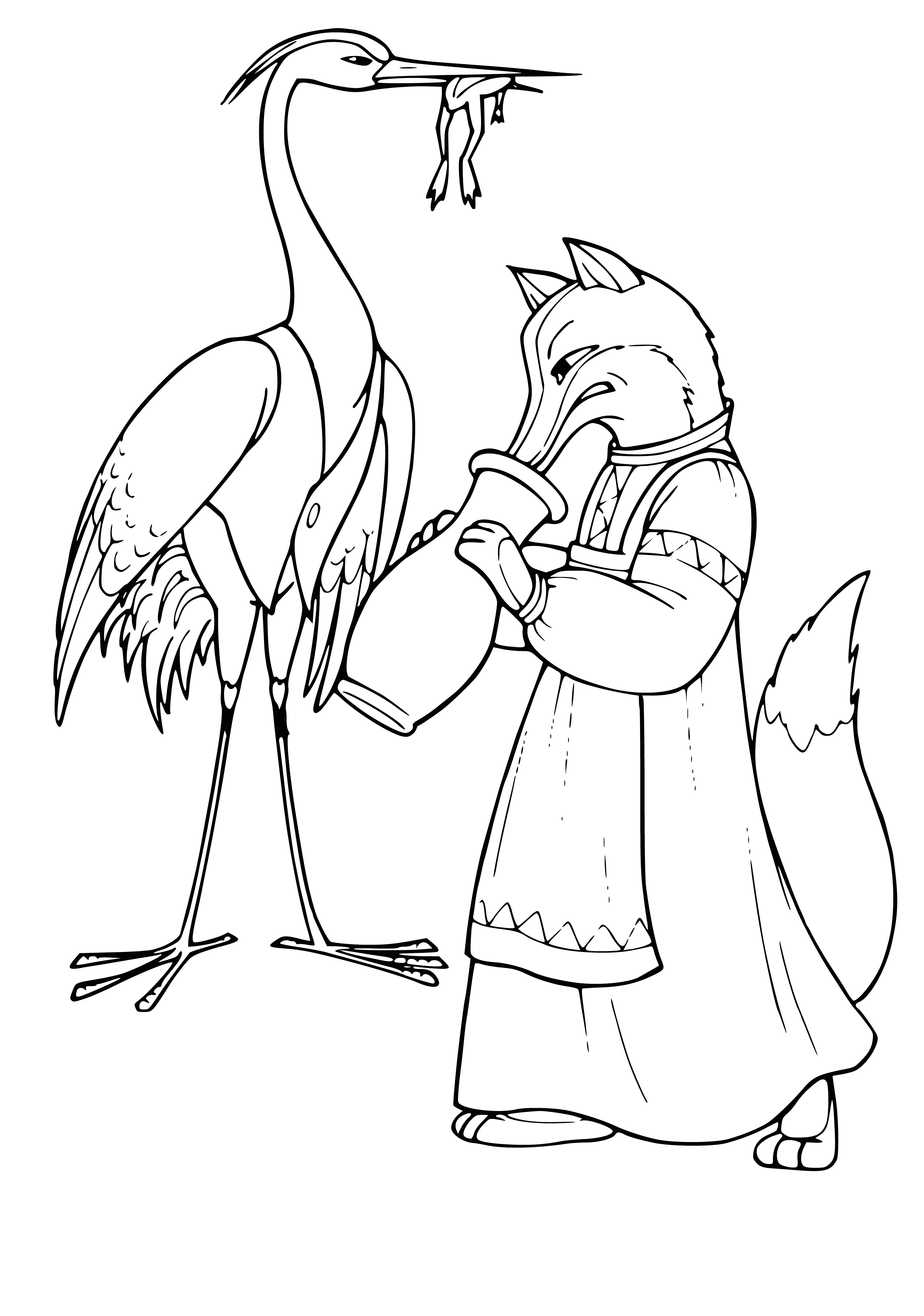 coloring page: Fox & crane by a stream: fox stands, crane drinks. Fox looks ready to pounce.