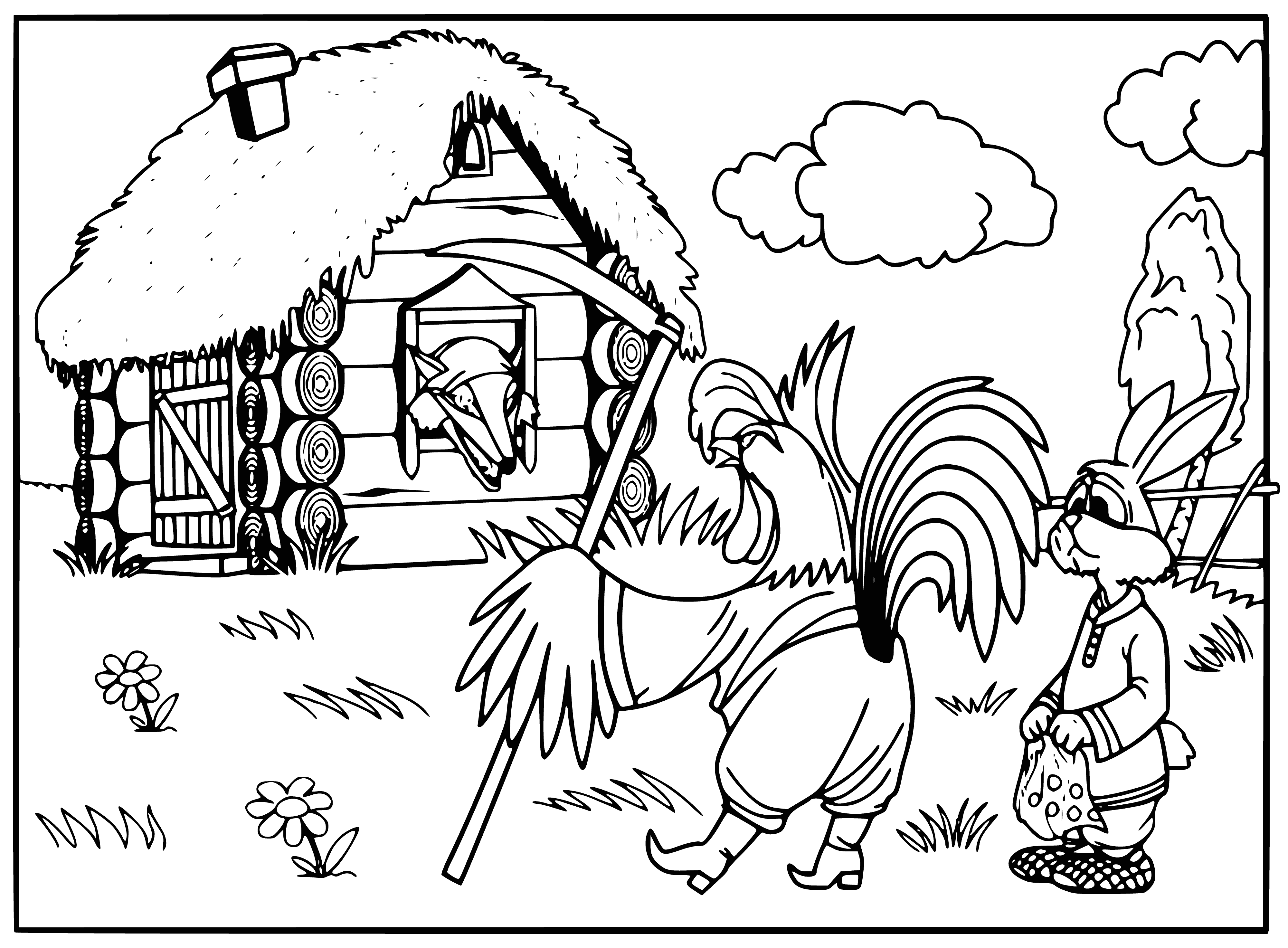 coloring page: Cock chases fox across a field, fox running away from the cock following close behind.