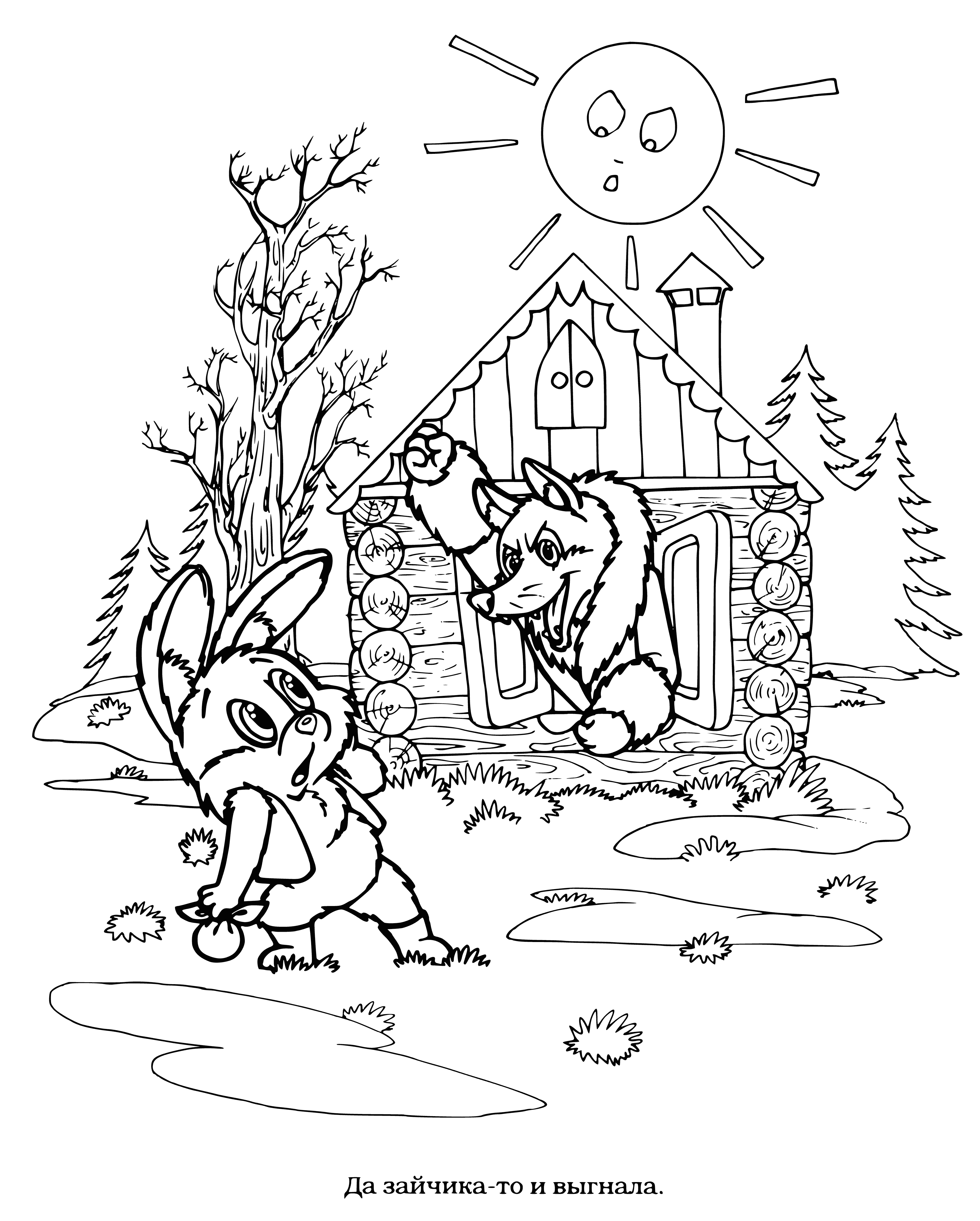 coloring page: Fox kicks bunny out of tree hole, bunny flies with flapping ears.