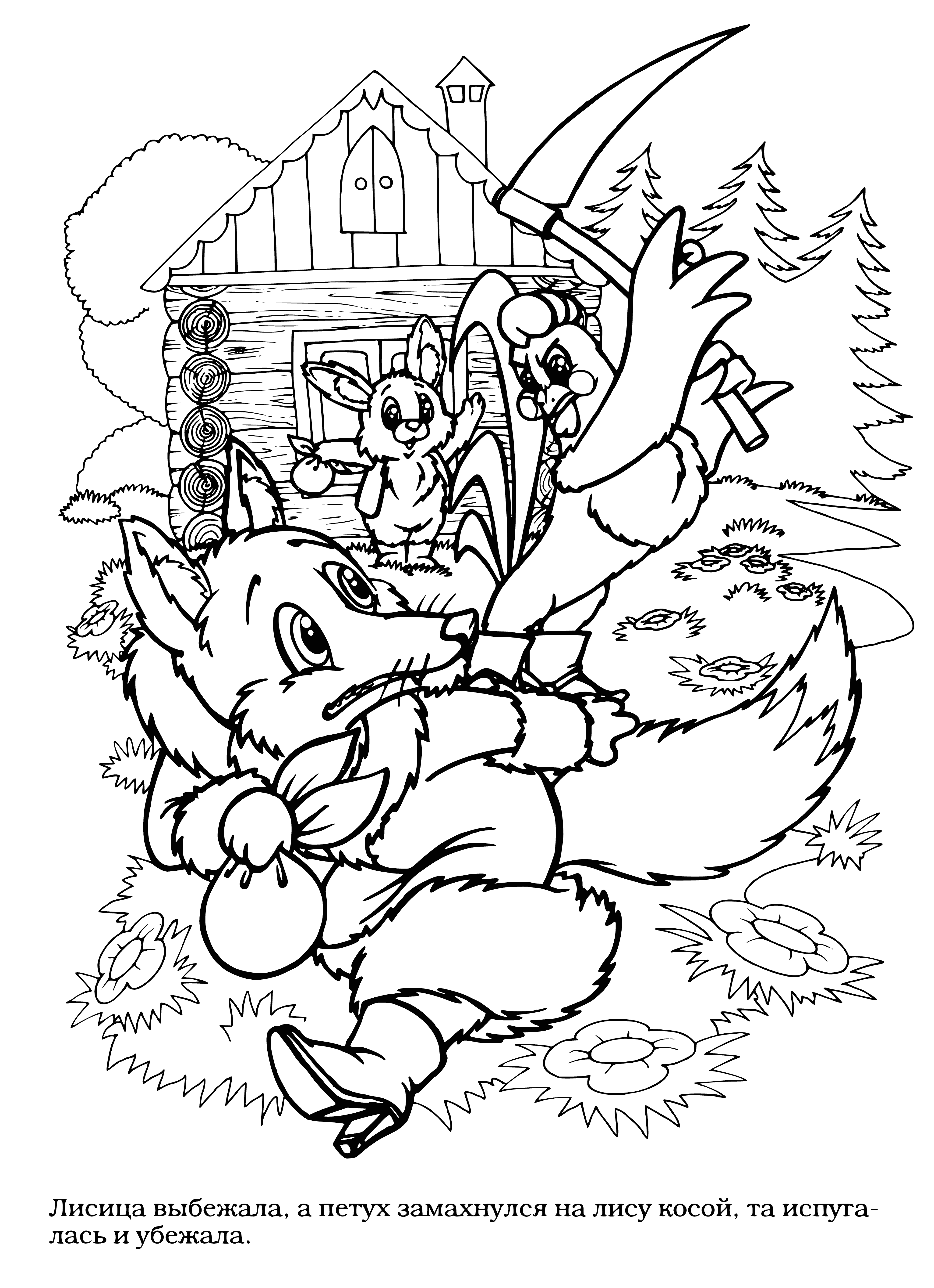 coloring page: Fox runs through snowy forest with wolf in hot pursuit; wolf is about to catch fox who's looking back over shoulder.