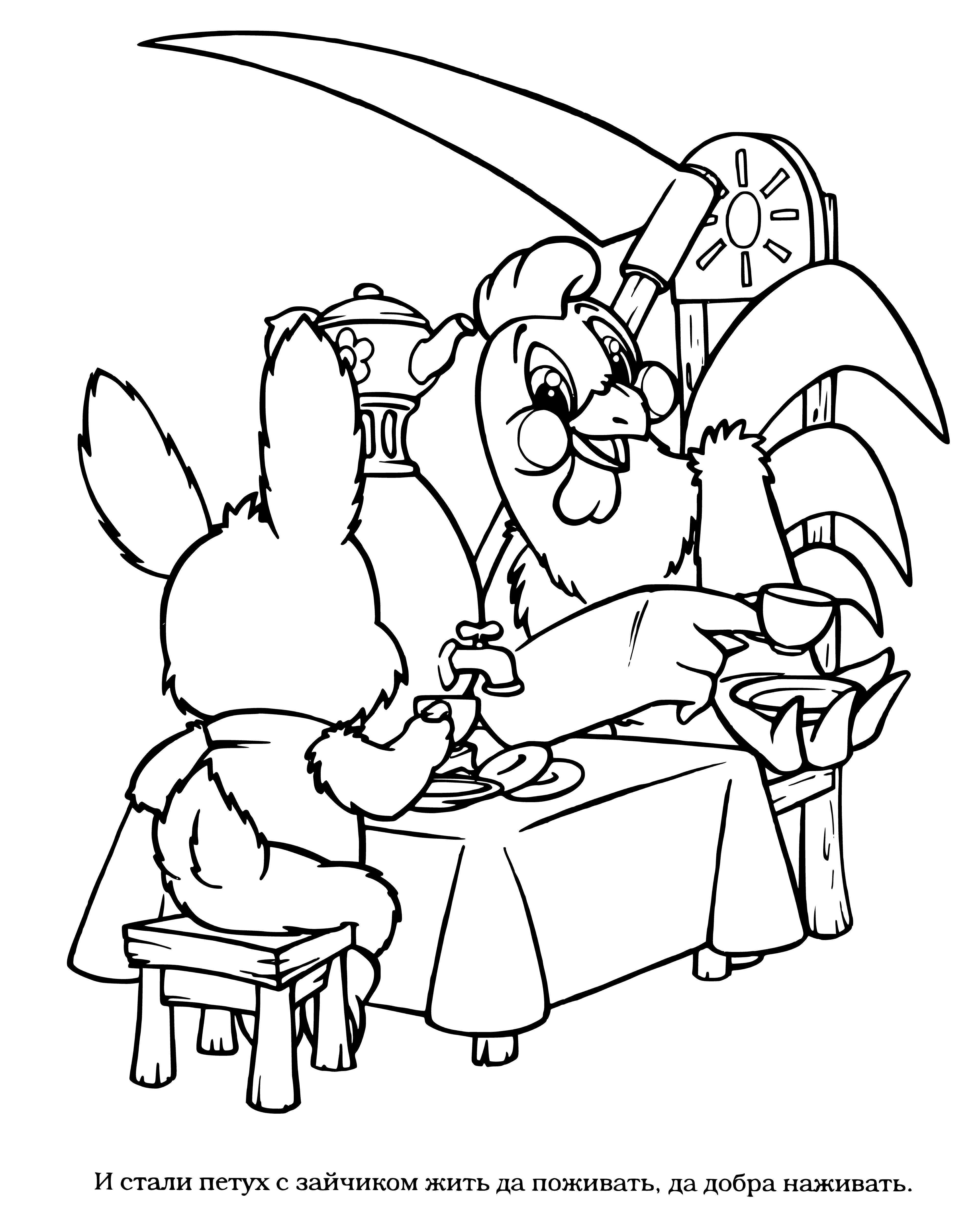 coloring page: Once upon a time a cock & bunny met in a forest & became best friends after the cock offered to be the bunny's friend.