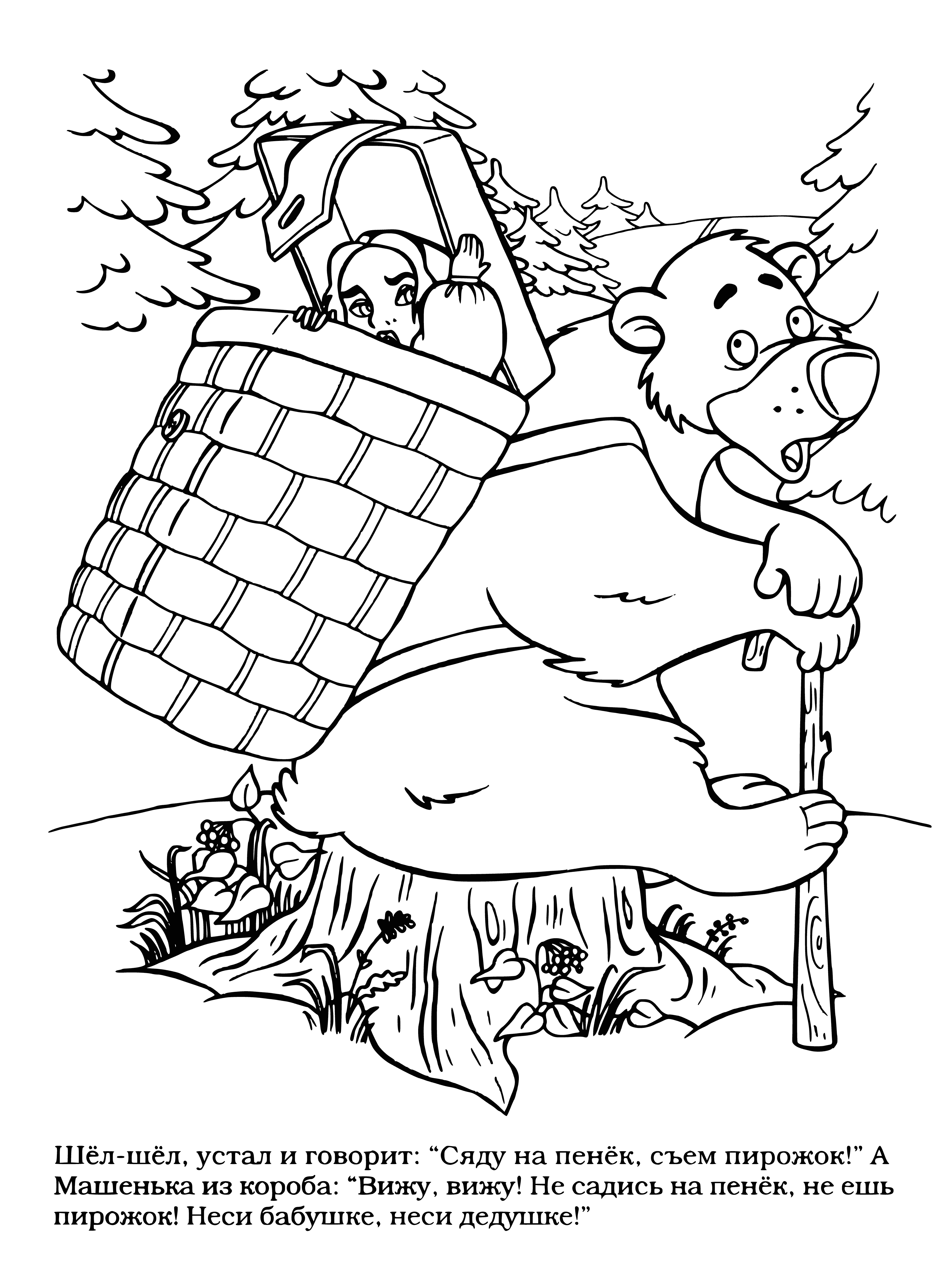 coloring page: Man sits on tree stump, beard & hat, enjoys pie.