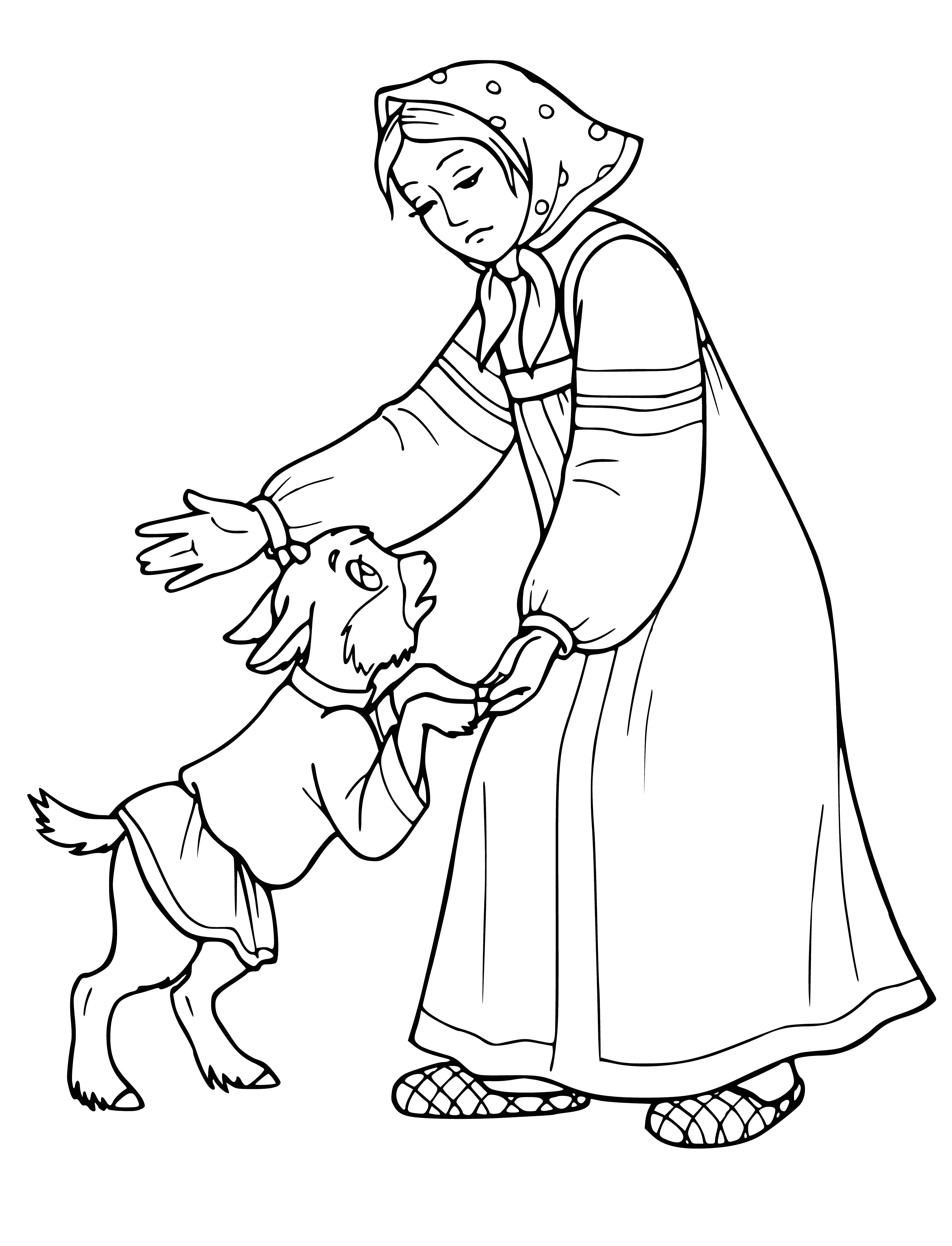 coloring page: A magical, peaceful atmosphere surrounds the scene.

Girl in traditional dress holds a baby goat in her arms, surrounded by animals in a peaceful forest scene.