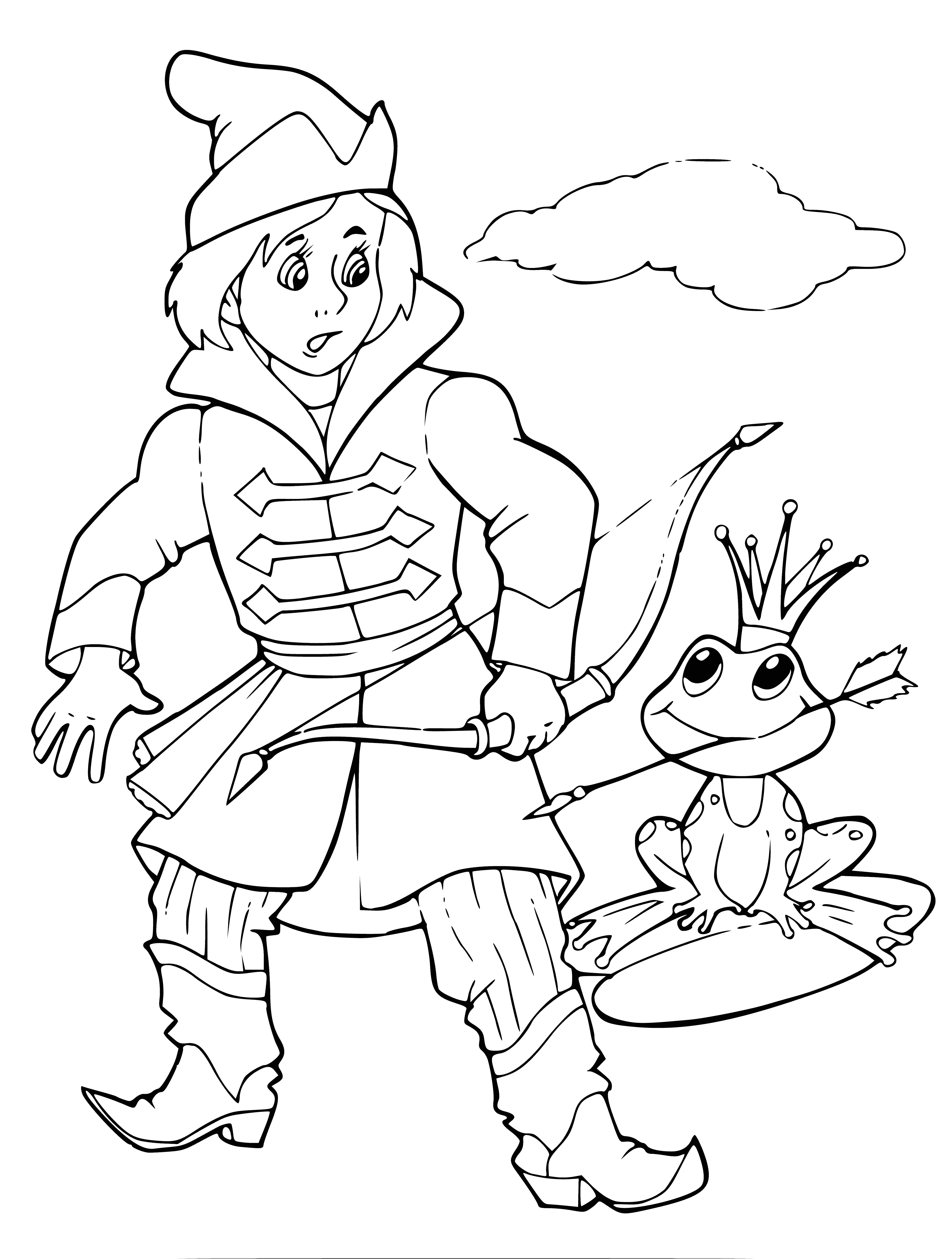 coloring page: Ivan Tsarevich, clothed in blue and red, stands in the forest with bow & arrows and sword, aiming at a crowned frog wearing a jeweled necklace.
