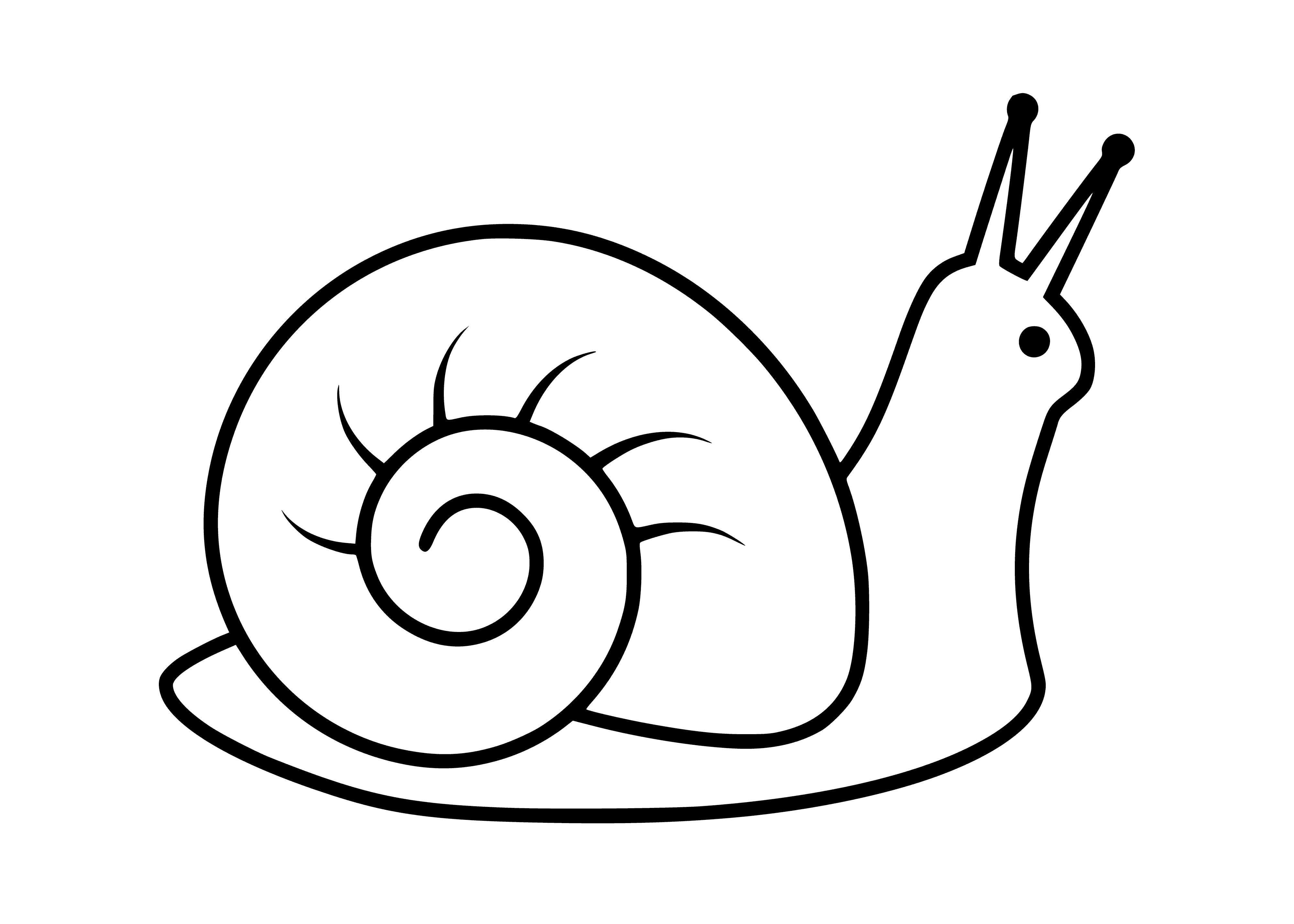 coloring page: Snail on coloring page has brown shell, yellow body, 2 antennae, 2 eyes, crawling on green leaf.