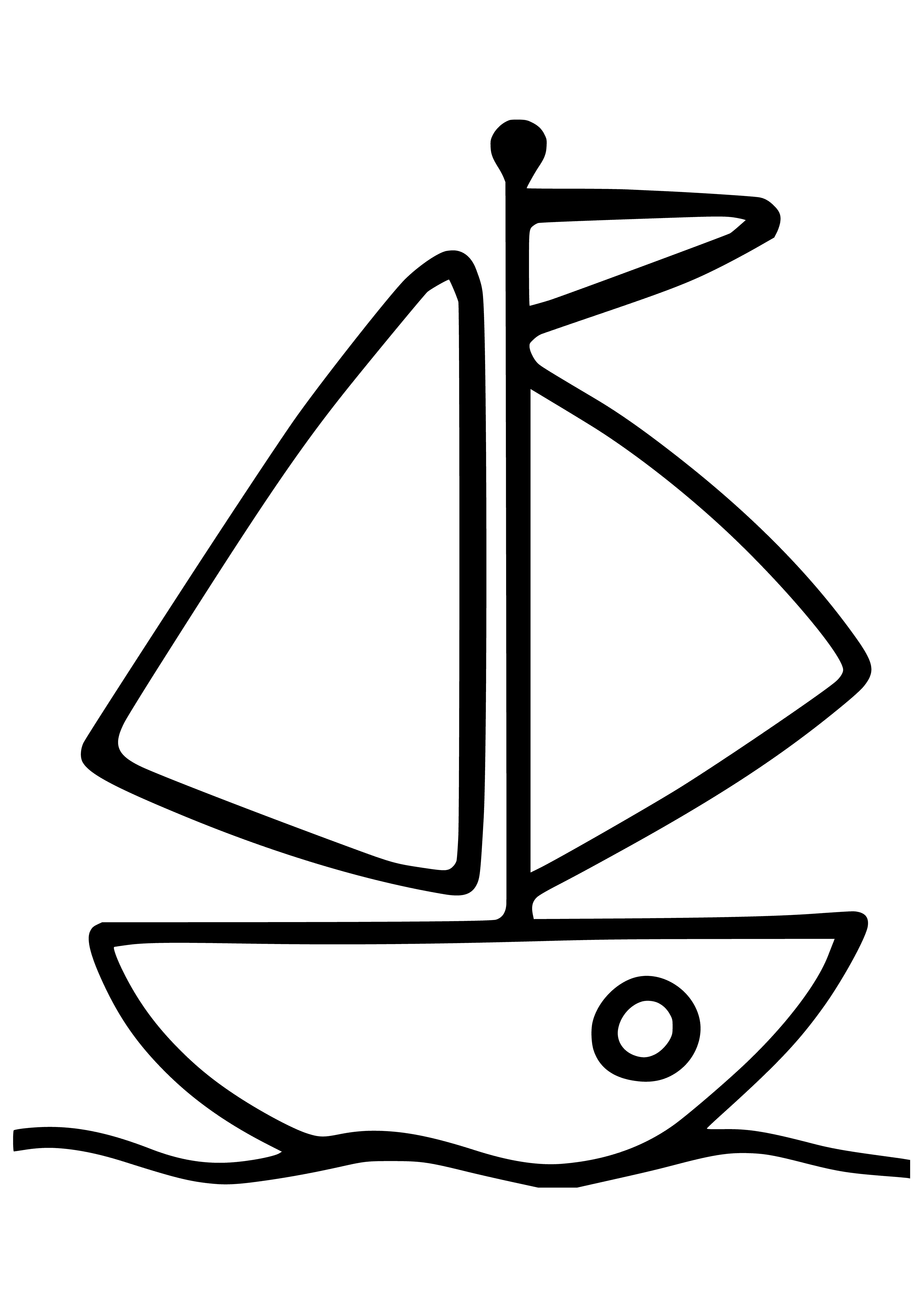 coloring page: Ship sailing on the ocean with blue sky, clouds & sun shining.
