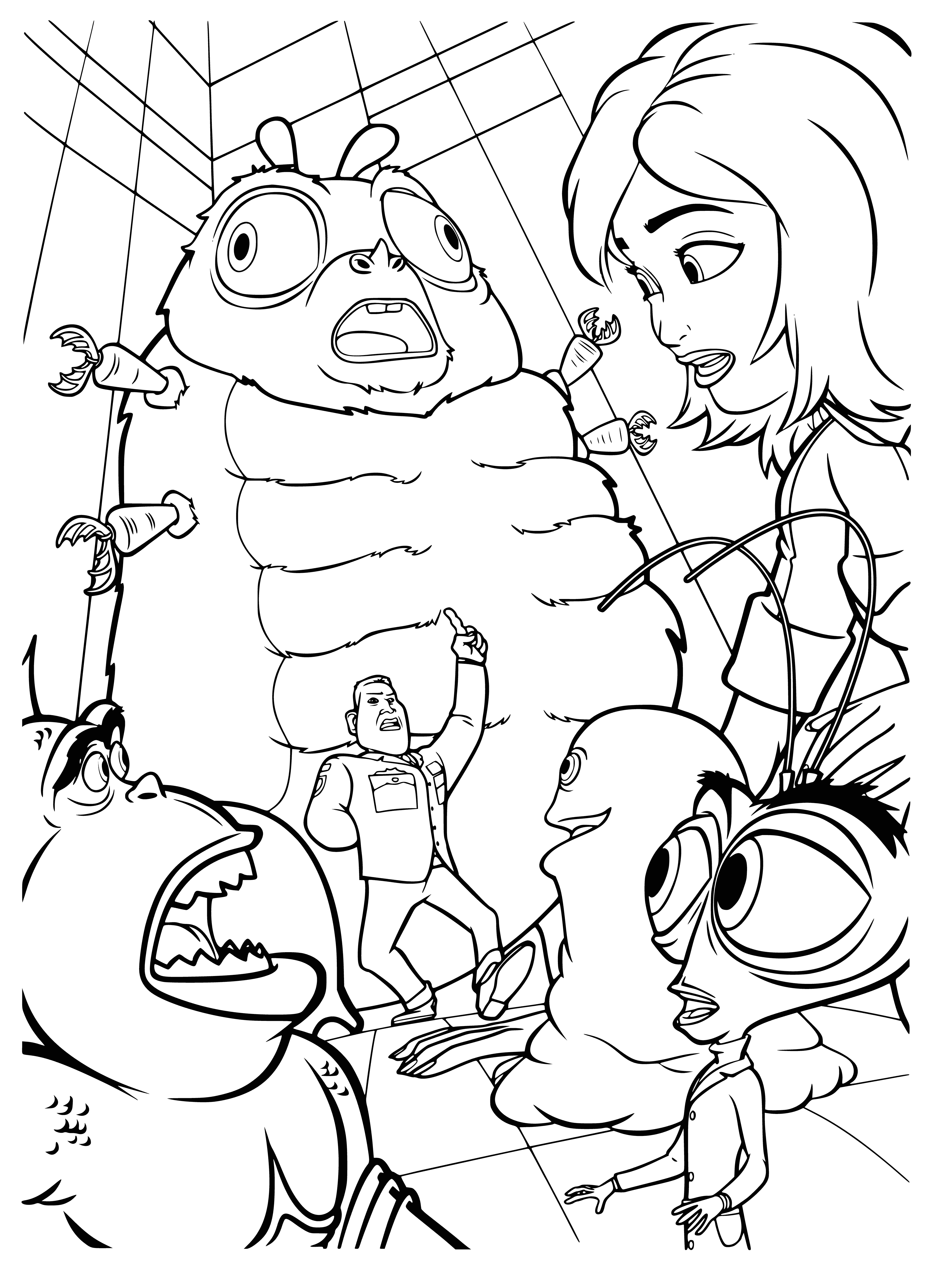 coloring page: Giant alien holding a small monster, with a city & moon behind. Monster looks scared.