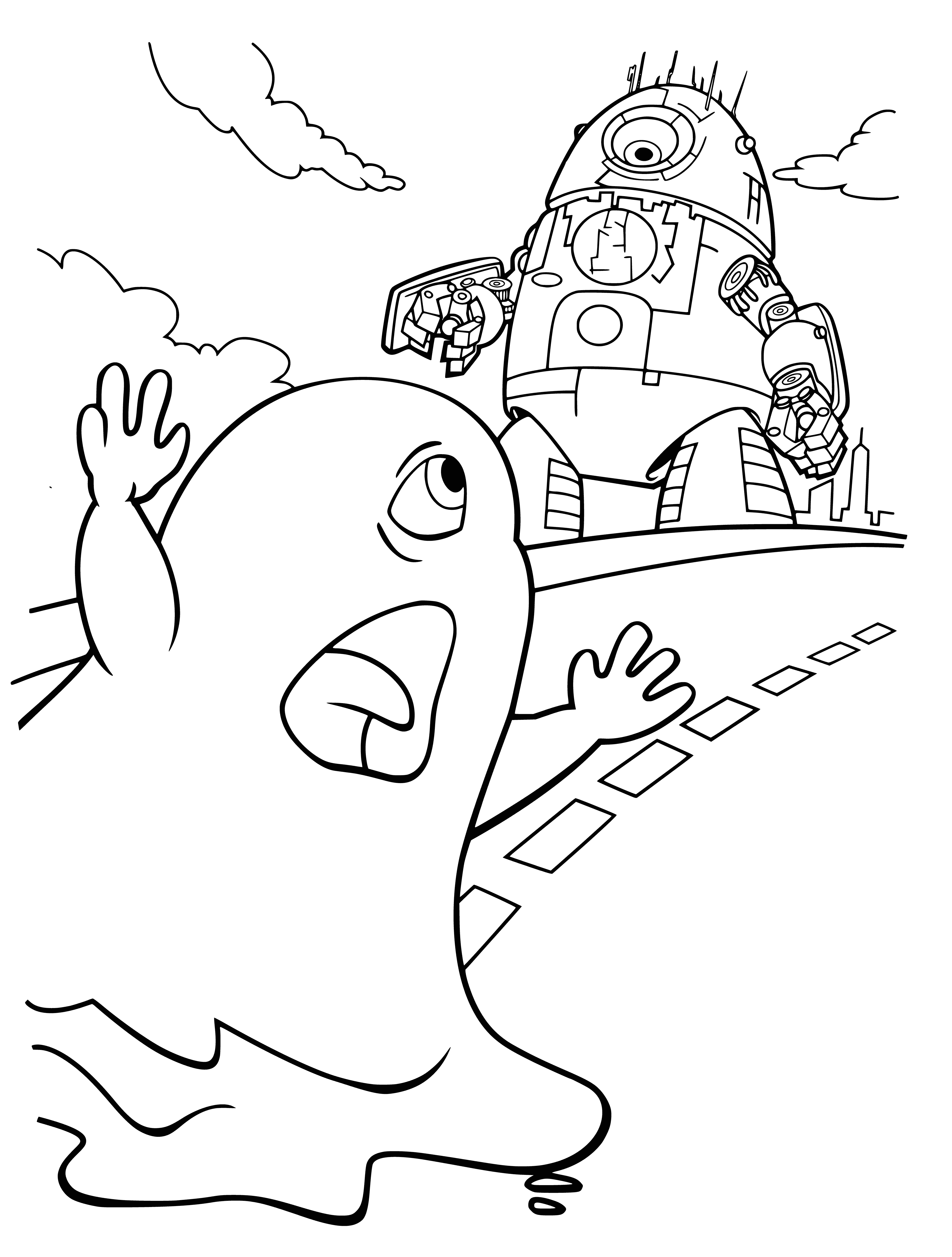 coloring page: A green bean creature and a robot with rectangular body and four legs stand next to each other.