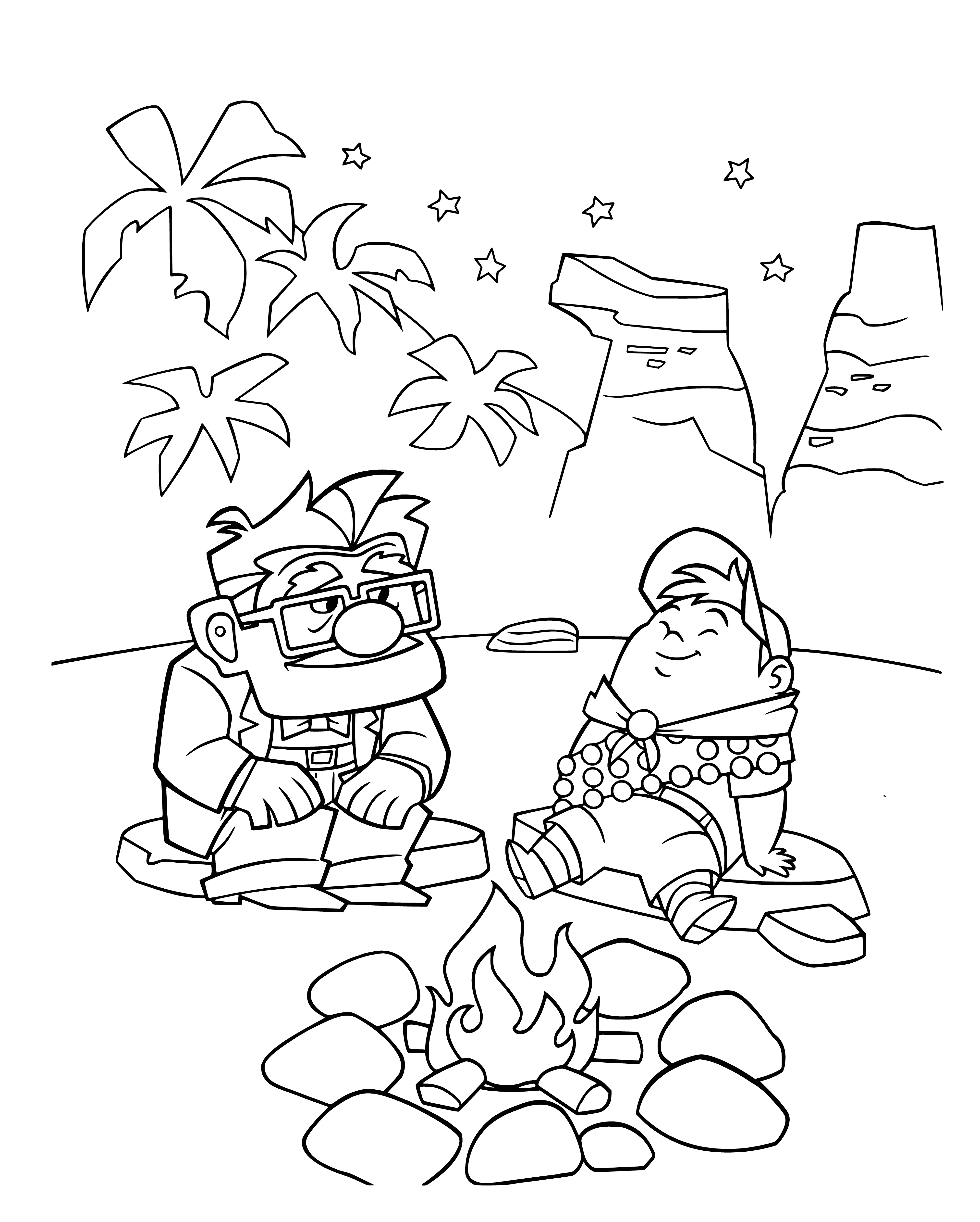 coloring page: People gathering around a bonfire in a field, some sitting, some standing, trees in the background.