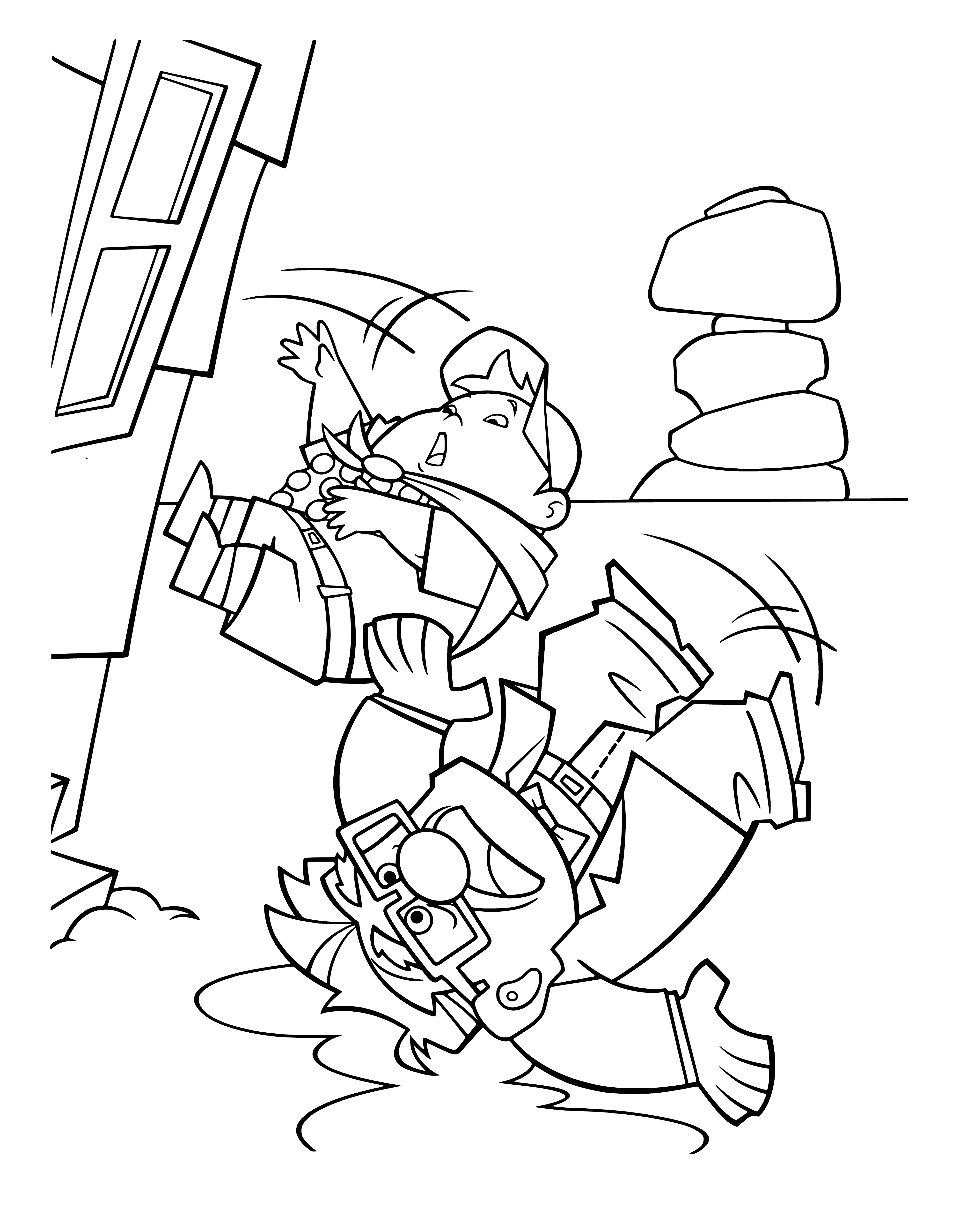 coloring page: Small plane emergency landed in grassy field with people aiding occupants.