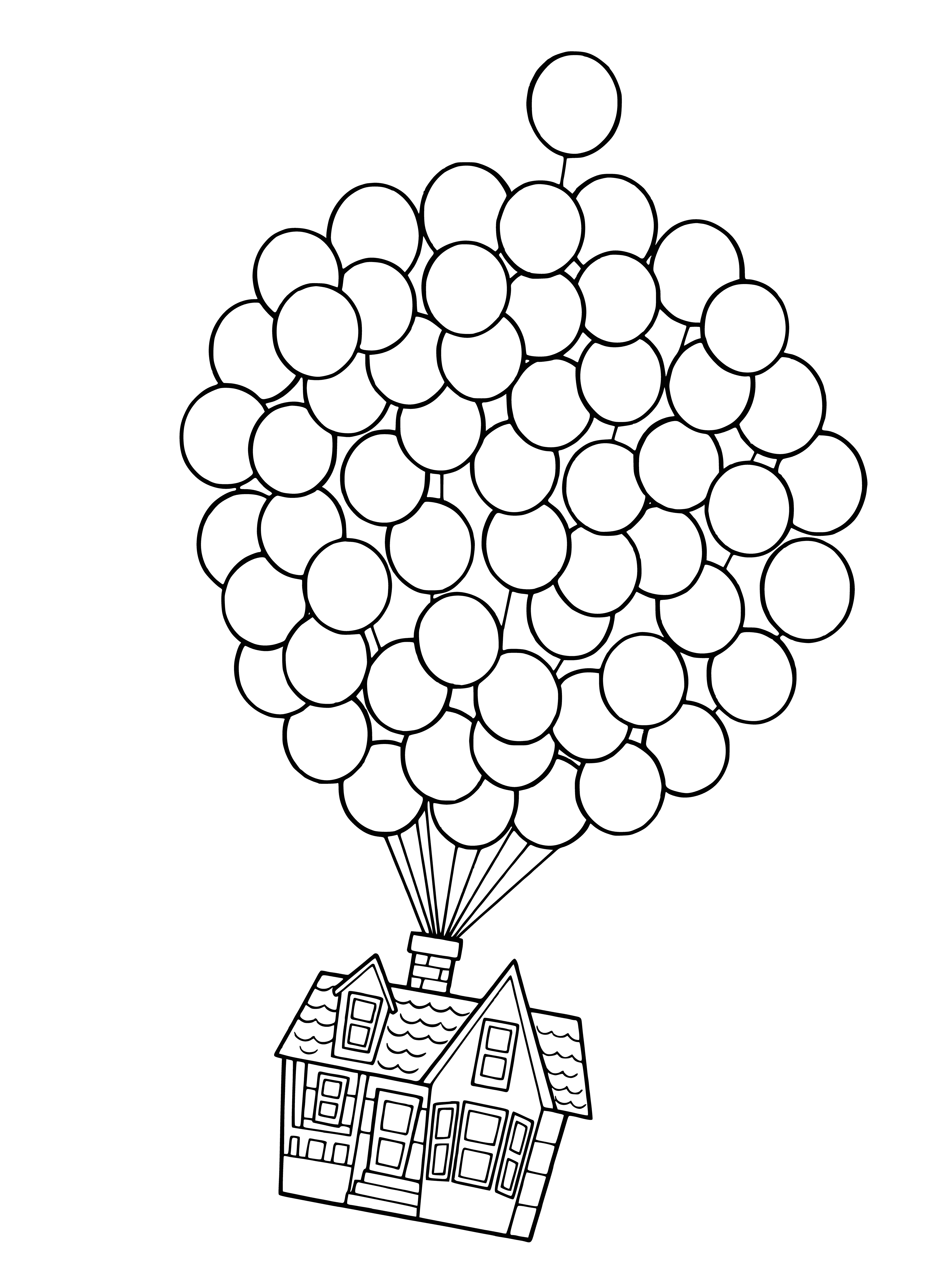 coloring page: A house flies high in the sky, attached to balloons. #Avatar