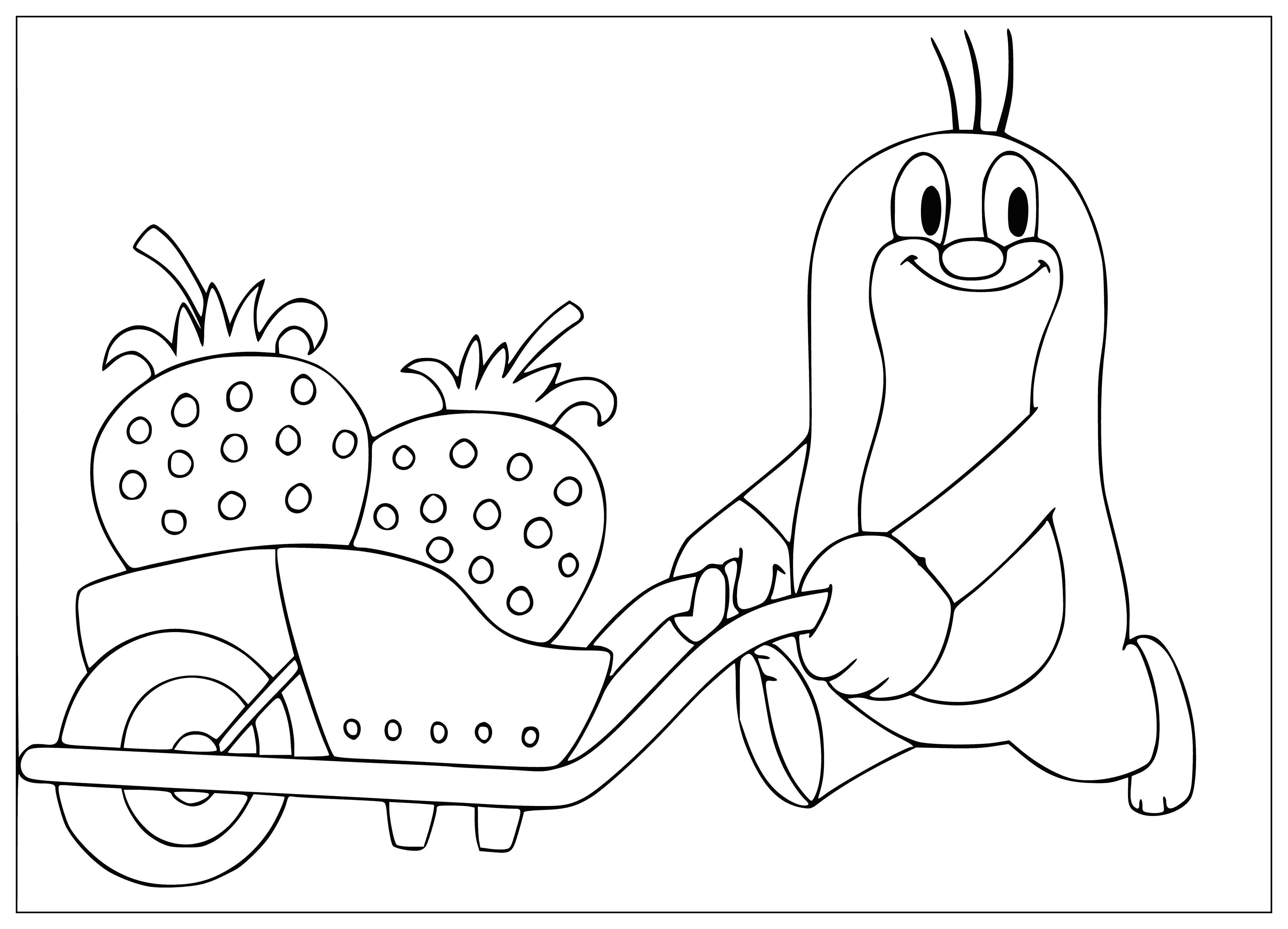 coloring page: Mole is pushing strawberry through ground w/nose; eyes & mouth closed. Strawberry red, green leaves.