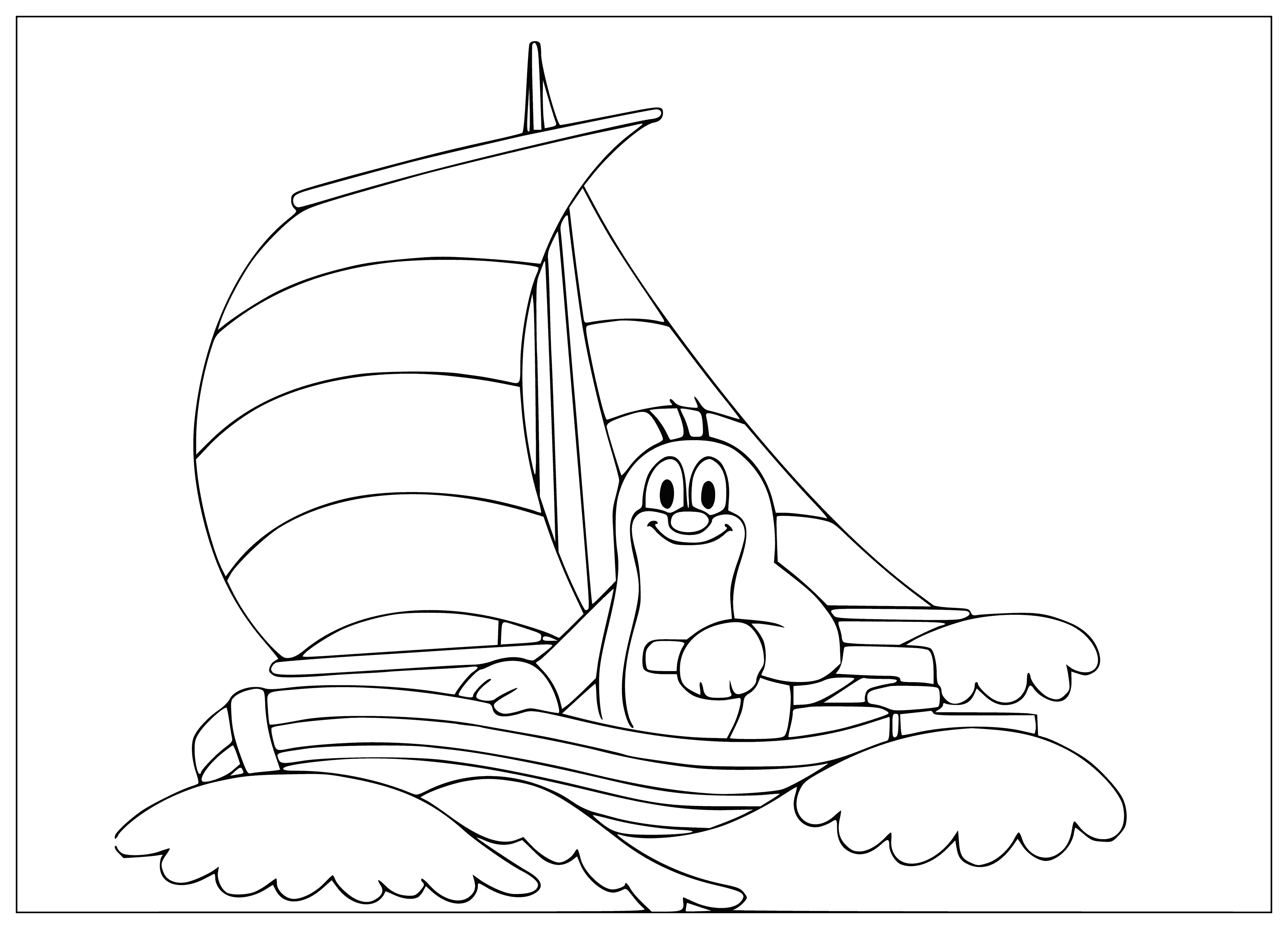 coloring page: Mole in green overalls and yellow hat paddles leaf-boat in shallow pool. Green meadow in background.