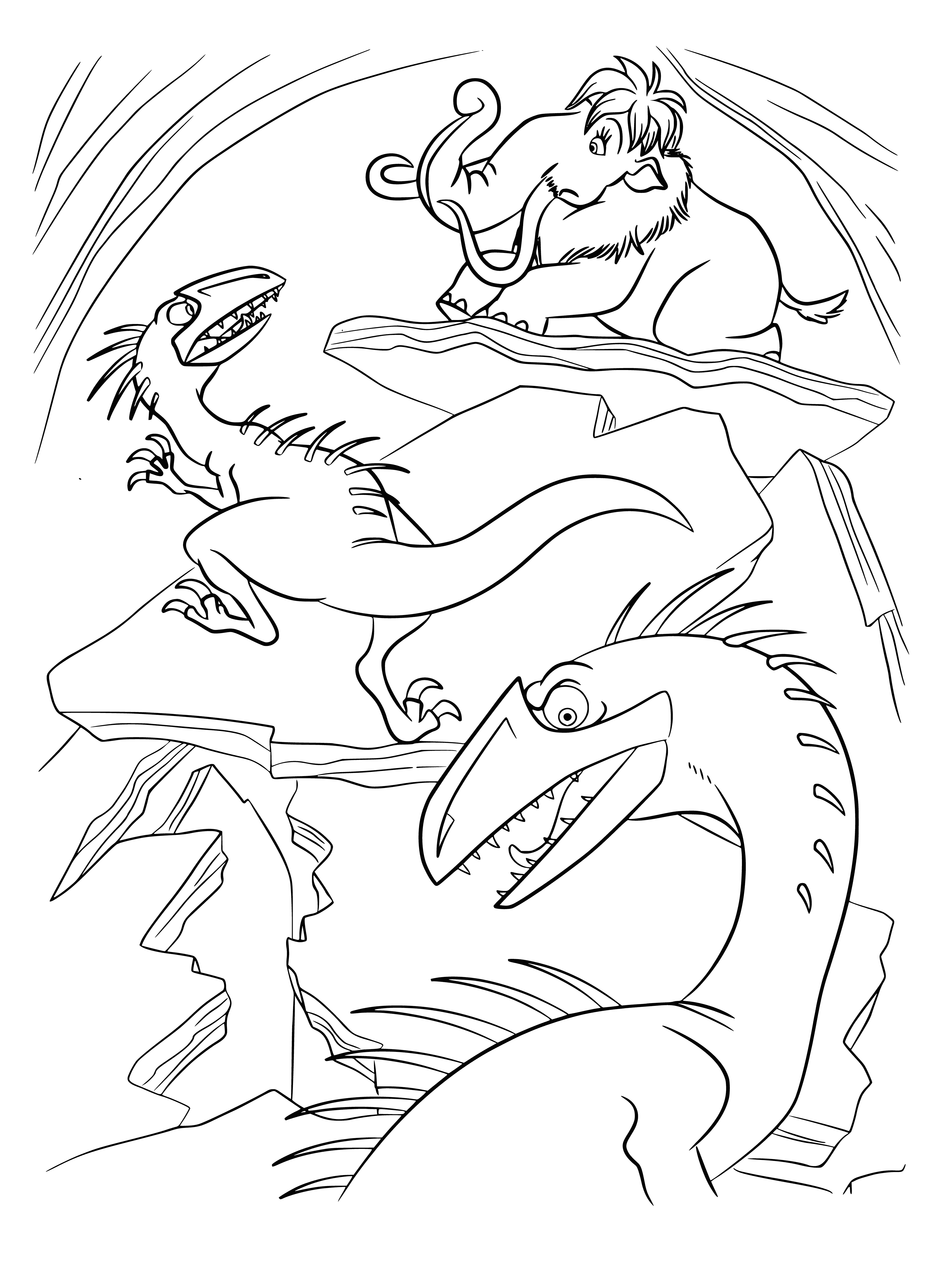 coloring page: Three angry dinosaurs in a line, with the largest in the middle, roaring.