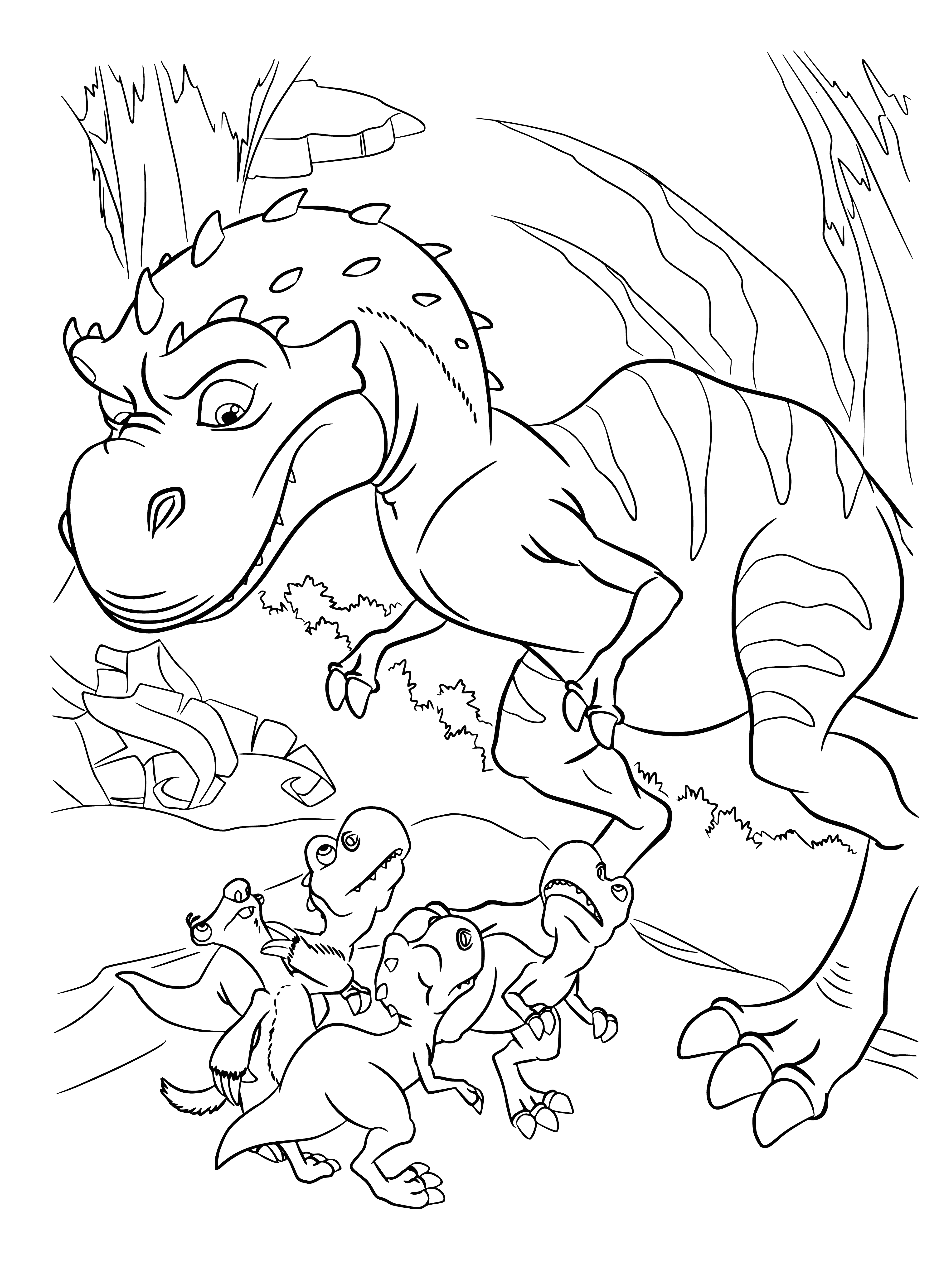 coloring page: Large green dinosaur stands in rocky area with open mouth, closed eyes, short arms & long legs ending in 3-toed feet. Tail points & mountains in background.